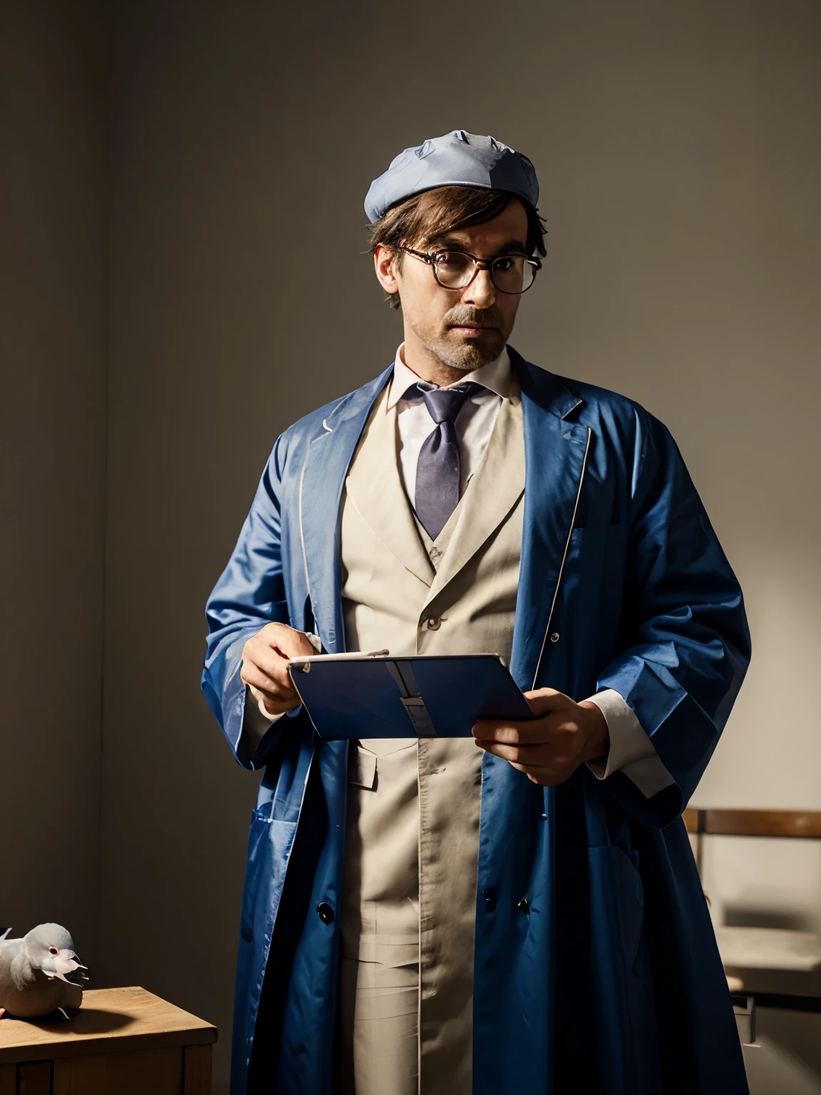 Pigeon doctor with his gown and an injection 