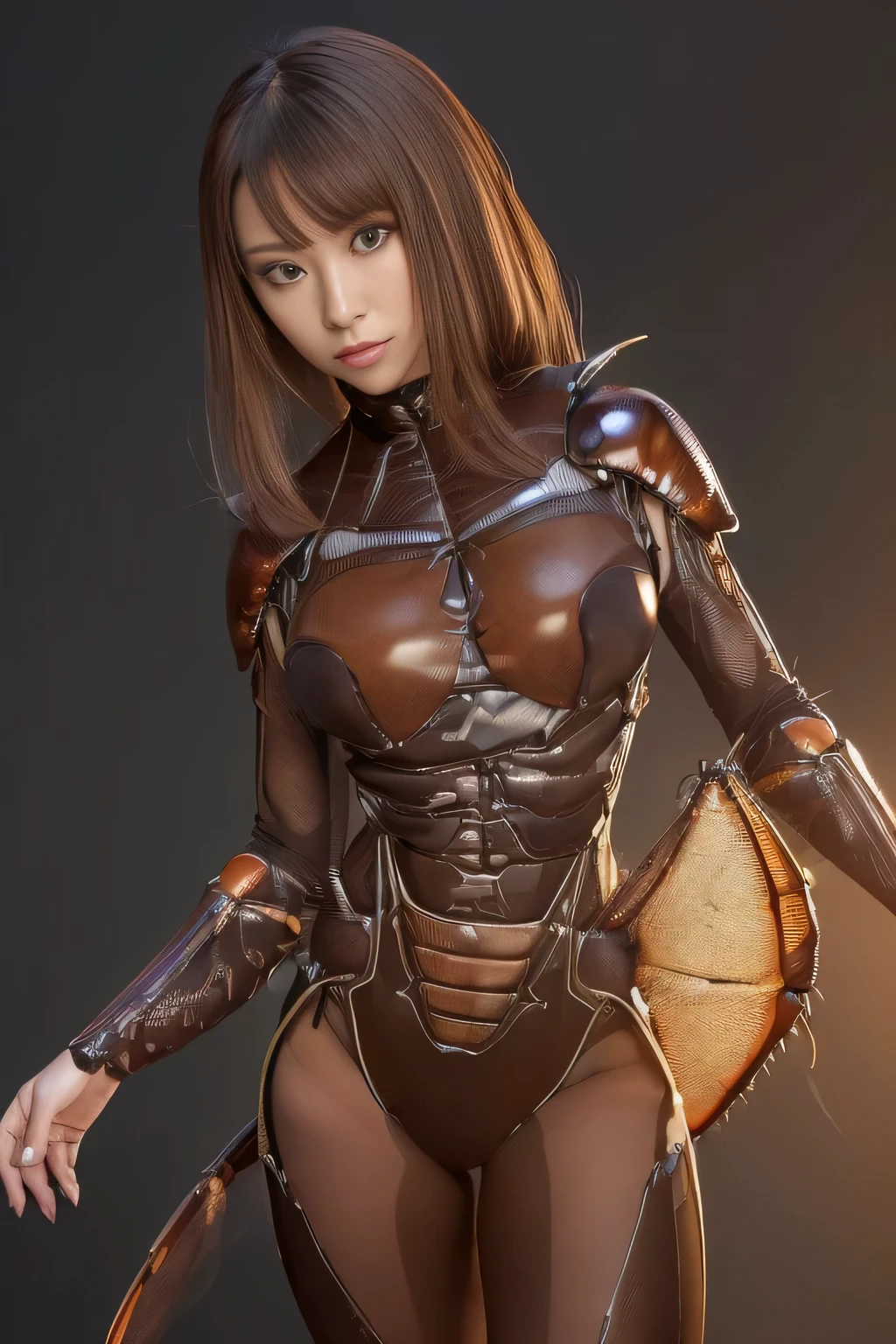 (high resolution,masterpiece,best quality,extremely detailed CG, anime, official art:1.4), realistic, photo, amazing fine details, all intricate, gloss and shiny,awesome many layers, 8k wall paper, 3d, sketch, kawaii, illustration,( solo:1.4), perfect female proportion,villainess, (fusion of dark brown cockroach and lady:1.4), (brown cockroach form lady:1.2), (brown cockroach lady:1.2), (fusion:1.2), (solo:1.4), (evil smile:1.2), muscular, abs, (cockroach brown exoskeleton bio insect suit:1.4), (cockroach brown exoskeleton bio insect armor:1.2), (brown transparency cockroach wing:1.4), (brown cockroach antennae:1.3),