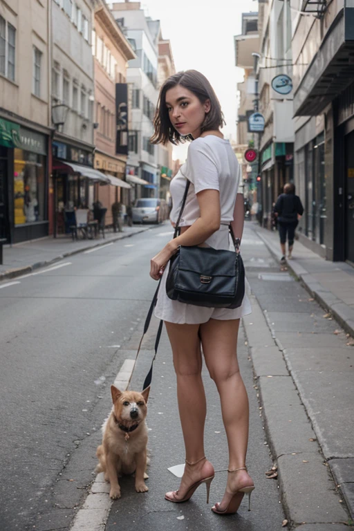 Dancing dog on the street, roaming here and there with bag handbag