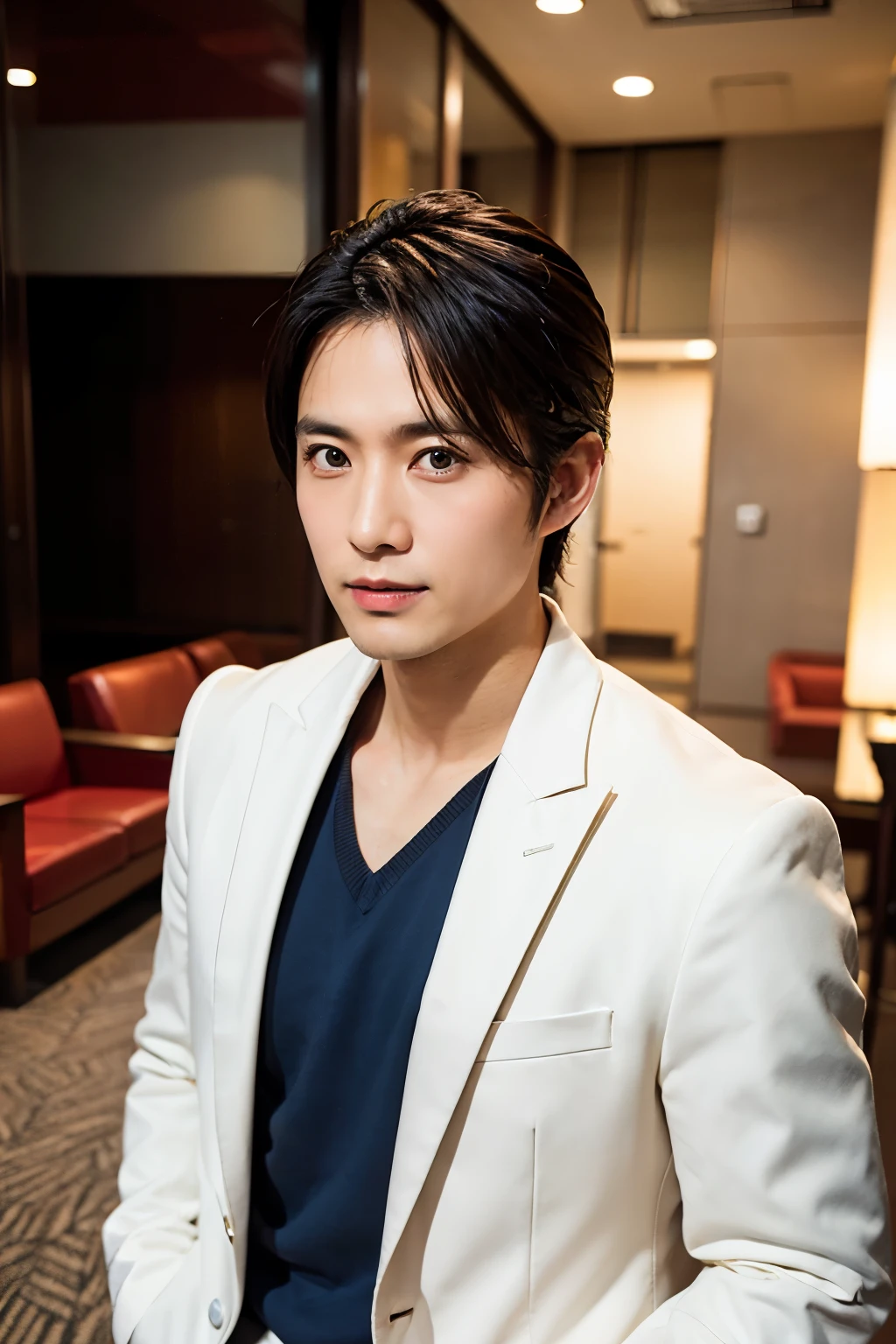 highest quality, Handsome Japanese man, Age 35, Dandy, Wearing a jacket, 35mm lens, debt/1, Cowboy Shot, (White Background: 1.3), At the hotel lounge