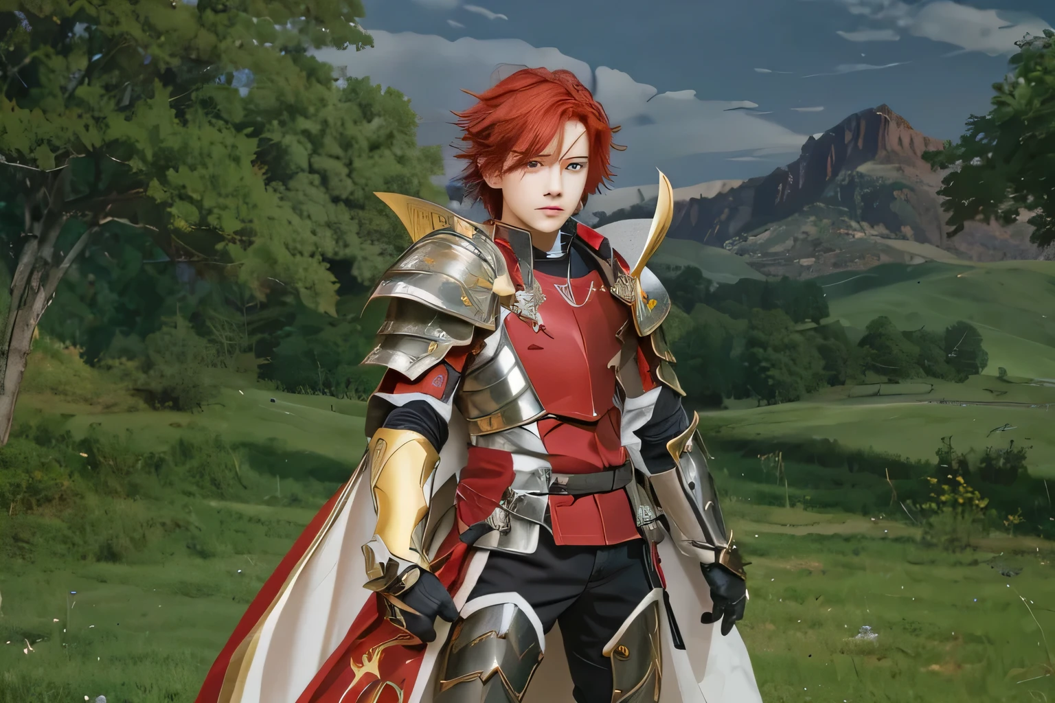 Male, Young Boy, Anime figure with red hair and armor stands on a field, full portrait of paladin knight