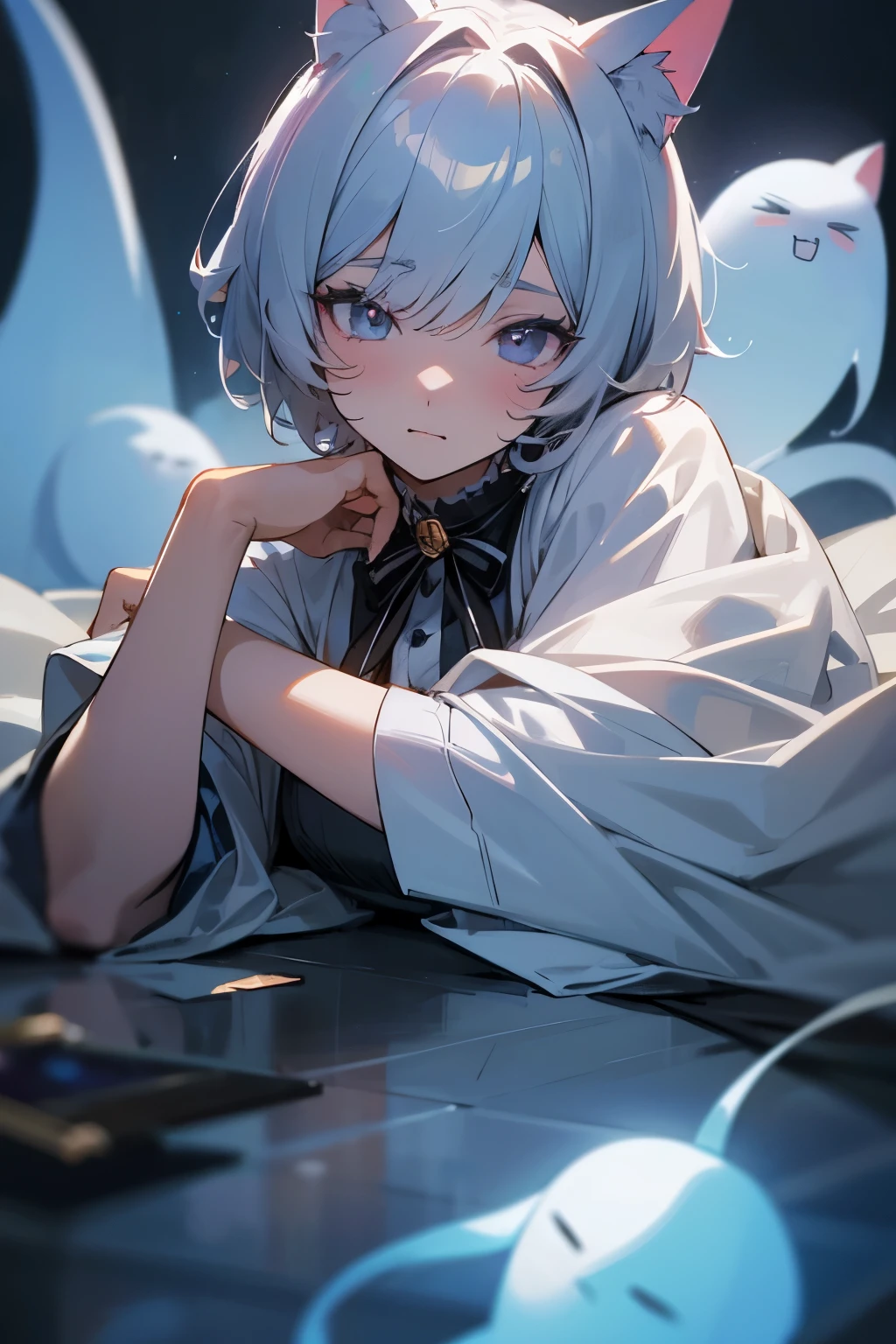 超High resolution, retina, masterpiece, Accurate, Anatomically correct, Rough skin, Very detailed, Advanced Details, high quality, Awards, 最high quality, High resolution, High resolution, 4K,(anime,8k,masterpiece, 最high quality, 最high quality,beautifully、beautiful:1.2,Professional Illustration:1.1,Very detailed:1.3,Perfect lighting),Very detailed,Most detailed,High resolution,Cute pose，A cute boy, Ghost，Cat ear，Silver Hair，short hair，evil lol，Upper Body、sleep
