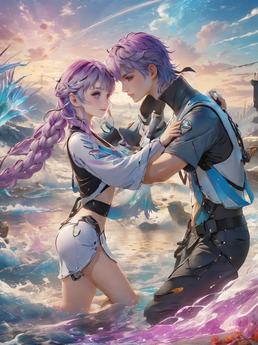 Hyperreal，Highest quality，detail，8k，masterpiece，(1 male and female couple:1.5)，(Light Boy and Dark Girl)，indifferent，Two contrasting people，indifferent，Respect each other，Kind，BREAK Bright Boy，(short hair，Black gradient:1.3，Bright colors)，(Purple Eye), Transparent gloss，Mirror-like reflection，Gloss，BREAK Dark Girl，(Braided ponytail，White-purple gradient:1.3，Long hair)，(Purple Eye), opaque，No shine，Dream rainbow，BREAK Neon light，Network data space，Dynamic perspective，Dream rainbow, High guess，Intense colors，Anatomically correct，1yj1