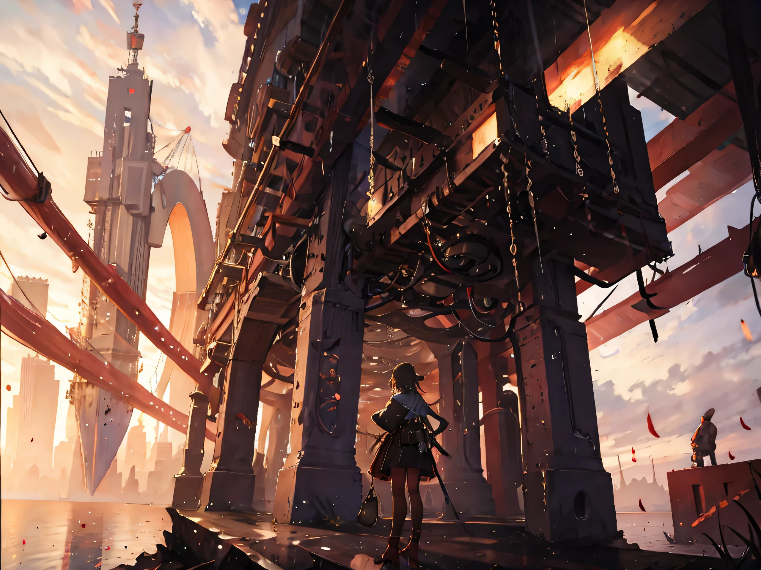 (((steampunk))),city,(((Crowded buildings))),exposed gear and pipes,(((Dim Light))),Submerged ground,((gear)),((Thick Pipe)),Covered Bridge,The view is from bottom to top, Reflects the height of the building,Gloomy Weather,chimney,(((Machinery))),((Staggered wire)),crowded city,irregular buildings