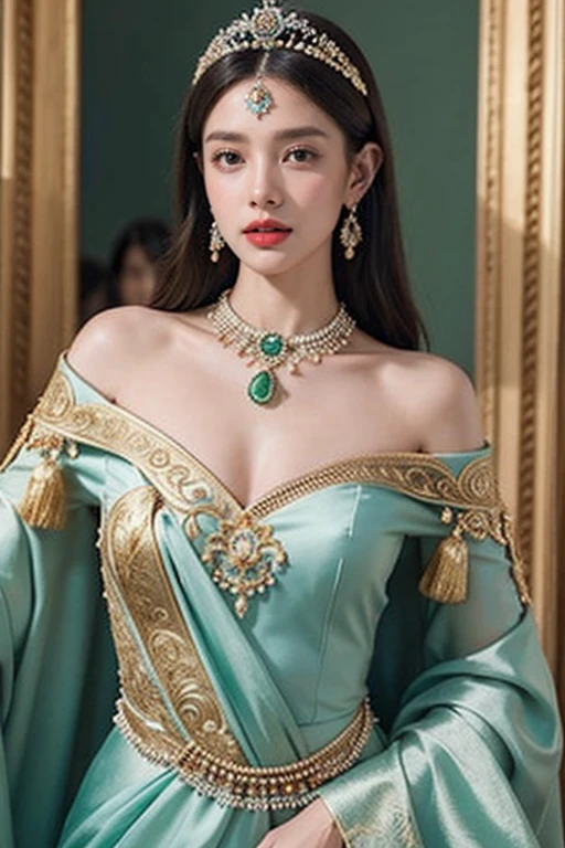 8K, ultra hd, masterpiece, very realistic, 1 girl, golden ratio, ((Best Quality, 8K, Masterpiece: 1.3)), Sharp: 1.2, Perfect Body Beauty: 1.4, Slim Abs: 1.2, Highly detailed face and skin texture, detailed eyes, double eyelids, Highest quality, masterpiece, best picture quality, very realistic, cinematic light, super fine face, beautiful eyes, beautiful lips, attractive, elegant, graceful, full body, perfect body, ornate, golden earrings, colorful jewelries, beautiful jade necklace, jade empress, cruel, icy green eyes, looking at the camera, beautiful and ornate formal jade dress, depth of field, jade crown, pale green eyeliners, beautiful and formal jade cloak