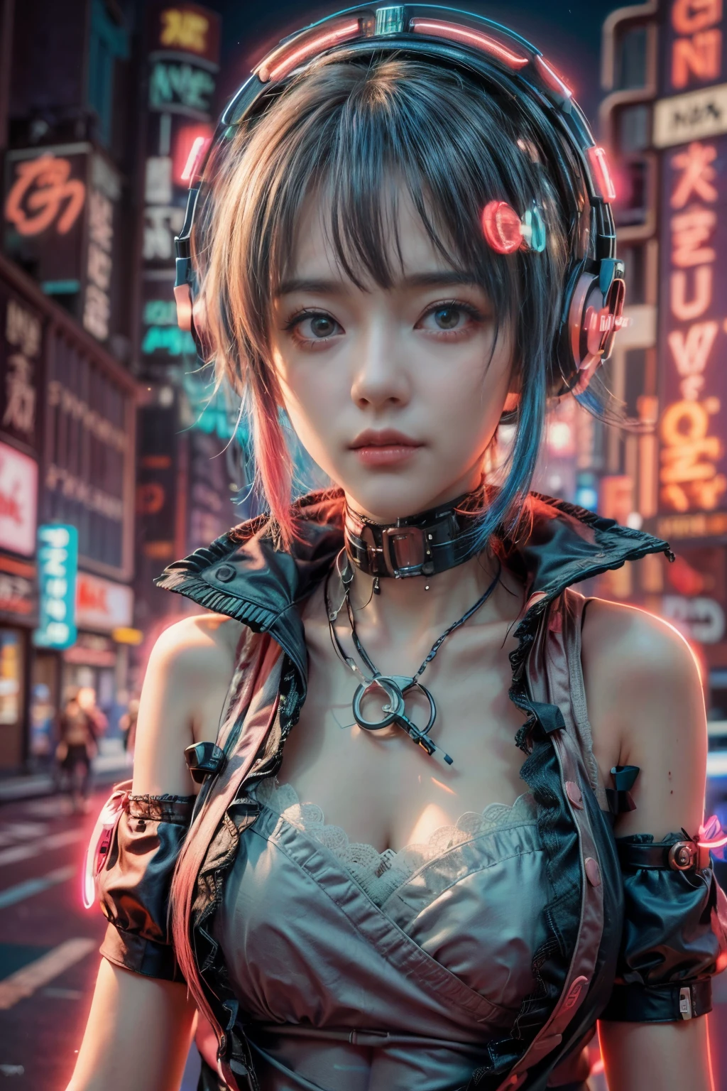 masterpiece, of the highest quality, Best Quality, Official art, Beautiful and aesthetic:1.2),(1girl in:1.4),Full body,([Pink|Blue] hair:1.5),ighly detailed,(Fractal Art:1.3),(Colorful:1.5),highest details,(Mechanical modification:1.3),(corrected:1.2),Maiden,(A complex mechanical conduit is inserted into the back:1.5),catheter,(Neon background:1.4),(Neon City:1.75),Night,Large breasts,(Gothic_ta:1.2),high-heels,(:0.75),makeup,blush,(Cyberpunk:1.4),((Looking at Viewer)), Nikon D850 Film Stock Photography 4 Kodak Portra 400 Camera F1.6 lens rich colors hyper realistic lifelike texture dramatic lighting unrealengine trending on artstation cinestill 800,