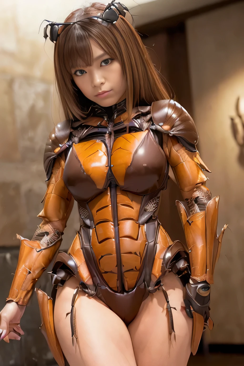 (high resolution,masterpiece,best quality,extremely detailed CG, anime, official art:1.4), realistic, photo, amazing fine details, all intricate, gloss and shiny,awesome many layers, 8k wall paper, 3d, sketch, kawaii, illustration,( solo:1.4), perfect female proportion,villainess, (fusion of dark brown cockroach and lady:1.4), (brown cockroach form lady:1.2), (brown cockroach lady:1.2), (fusion:1.2), (solo:1.4), (evil smile:1.2), muscular, abs, (cockroach brown exoskeleton bio insect suit:1.4), (cockroach brown exoskeleton bio insect armor:1.2), (brown transparency cockroach wing:1.4), (brown cockroach antennae:1.3),