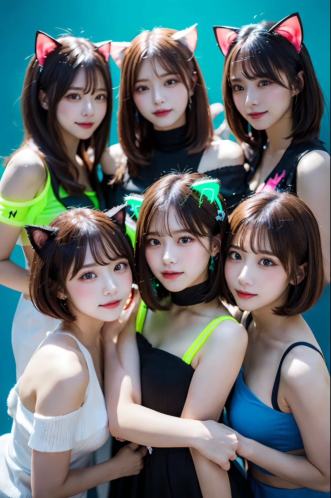 masterpiece, 4K, Bokeh, Beautiful Face, Harem, (Multiple Girls:1.4), (Group photo:1.5), (Cat ear:1.3), (white bob hair:1.3) , Looking at the audience, Cowboy Shot, With many cats in his arms, (Neon Blue Background :1.4), close