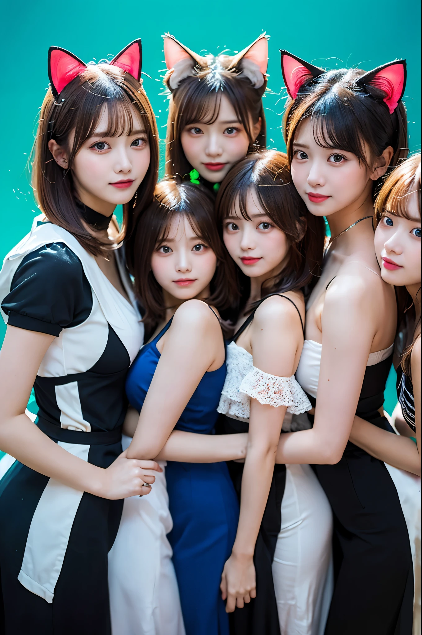 masterpiece, 4K, Bokeh, Beautiful Face, Harem, (Multiple Girls:1.4), (Group photo:1.5), (Cat ear:1.3), (white bob hair:1.3) , Looking at the audience, Cowboy Shot, With many cats in his arms, (Neon Blue Background :1.4), close