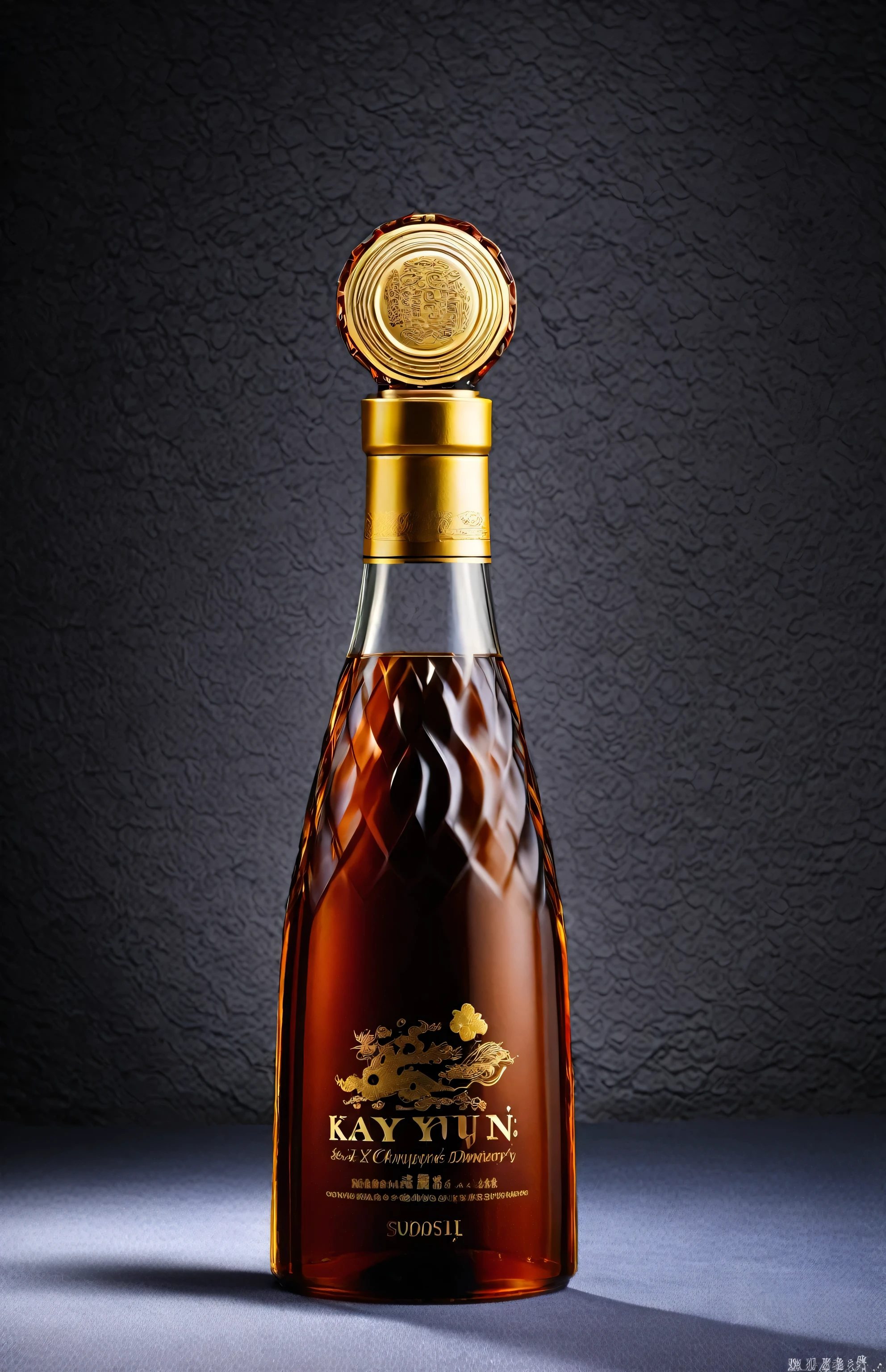 A bottle of brandy with a gold cap lies on the table, wine, sha xi, wine bottle, Very exquisite whiskey bottle, Kay, Yuan-You, Pure champagne Damery, 5 years old, Very detailed product photos, daoshu, Oslais, The award-winning masterpiece, su fu, The award-winning, The award-winning