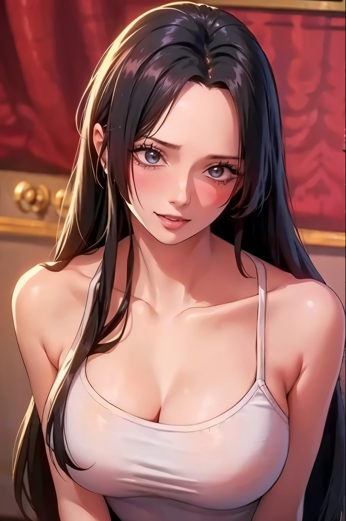 best quality, masterpiece, highly detailed,1girl, Boa Hancock, , (masterpiece:1.5), Detailed Photo, Smiling, Sexy, (8K, Best Quality: 1.4), (1girl), Beautiful Face, (anime realistic Face), (Black Hair, long Hair: 1.3), Beautiful Hairstyle, Realistic eyes, beautiful detail eyes, (white skin), beautiful skin, absurd, attractive, ultra high resolution, ultra realistic, high definition, golden ratio, (sexually aroused:1.5), Pinkish white skin, cool white light, sexy pose, Beautiful , white background, pink soft white light, Wear a white tank top