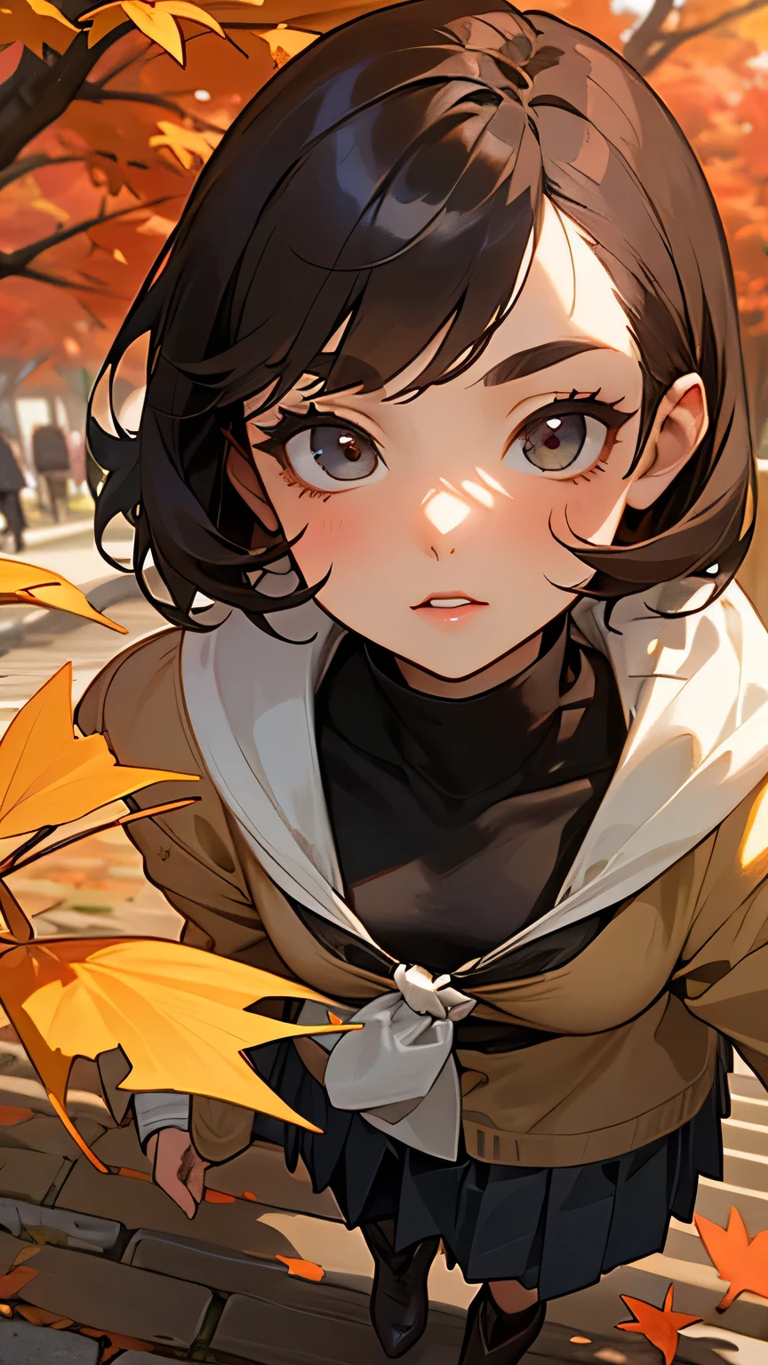 highest quality、High resolution、Detailed Background、(Beautiful face in every detail:1.4)、Anatomically correct、(Detailed facial expressions)、(Detailed eyes:1.2)、20 generation beauties、(Highly detailed face:1.4)、Brown Hair、Black Hair、Bobcut、Braided long hair、Wavy Hairstyle、well-groomed eyebrows、Cute Eye Makeup、Cute Lip Makeup、Autumn leaves around the Japanese garden and temple gate、Cute gestures、Fit on one screen、Calm atmosphere、

(A beautiful woman enjoying the beautiful autumn leaves and autumn scenery:1.5)、

Ueno Park：In a park with beautiful autumn leaves、We especially recommend the area around the pond and the iconic Tokyo Metropolitan Art Museum in Ueno.、
Meiji Jingu Gaien：This vast park features walking paths lined with ginkgo trees and beautiful autumn foliage.、
Jindaiji Temple：You can enjoy beautiful autumn foliage at this ancient temple located along the Tama River.、
generation々Tree Park：A vast park in the city center dotted with beautiful autumn foliage、
Inokashira Park：You can enjoy the autumn leaves at the pond and square in Inokashira Park.、

Choose a turtleneck sweater in a simple cof you wear a tailored jacket over it, you will have a mature look.、For your jacket, choose autumn colors or a checked pattern to make it more stylish.、Wide pants give a mature impression.、
Try pairing your dark-toned pants with a silk blouse or shirt.、
Wearing heeled boots will add a stylish touch to your outfit.、

Pleated skirts are an item that accentuates femininity.、
Balance out your autumn-colored skirt with a simple knit sweater.、For your feet, choose boots or pumps for a more elegant look.、

This knit dress with a warm autumn feel is perfect for grown-up women.、
Turtleneck and hooded designs、Wear boots or loafers on your feet.、
very beautiful
