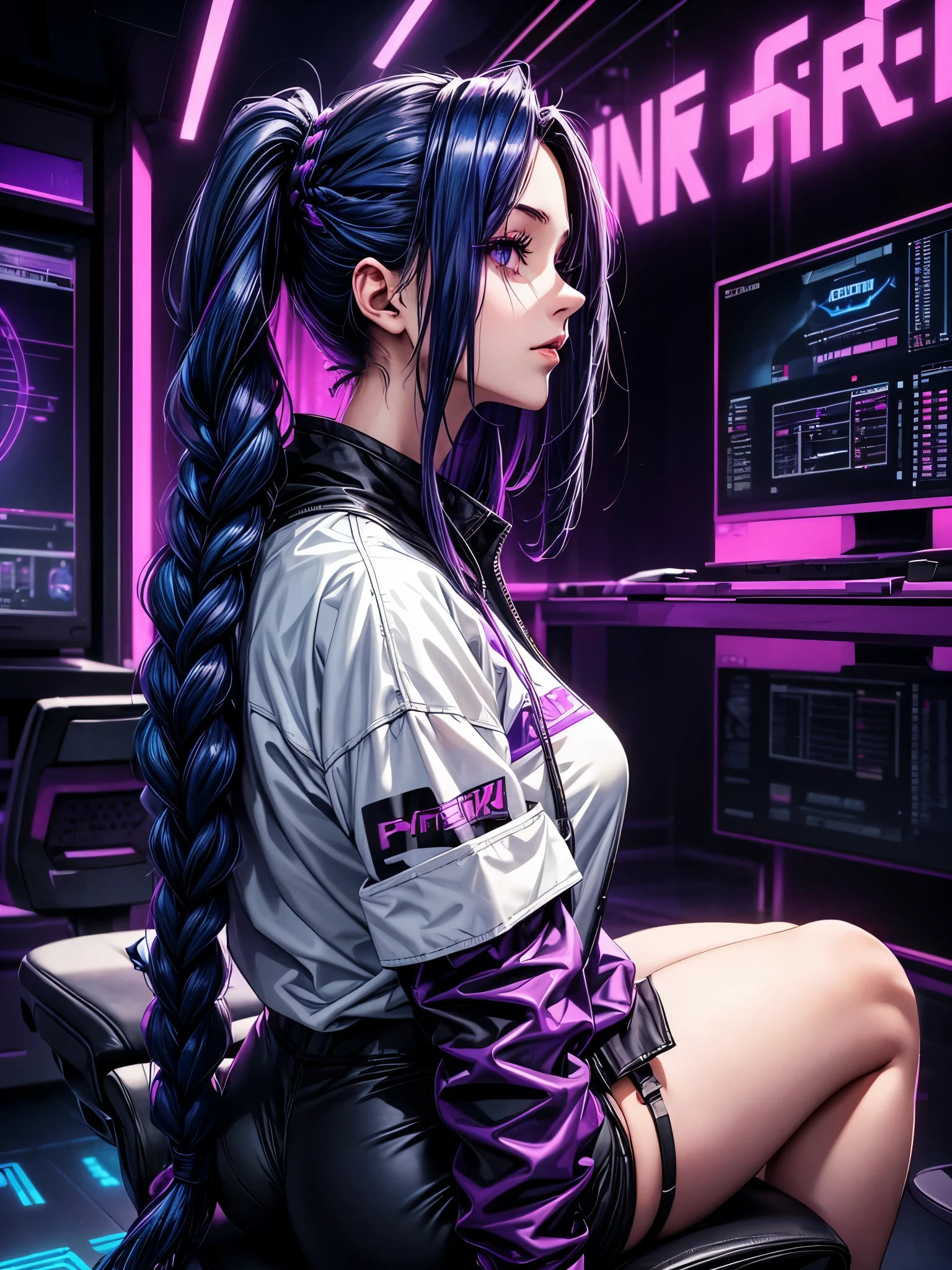 Very young girl, black mask, White skin, The code on, Hacker style, curve,sit on it、View from the side、deep purple, dark, braids, dark blue hair streaked pink purple, cable, vintage, cyberpunk, Data center background, deep purple theme, night city