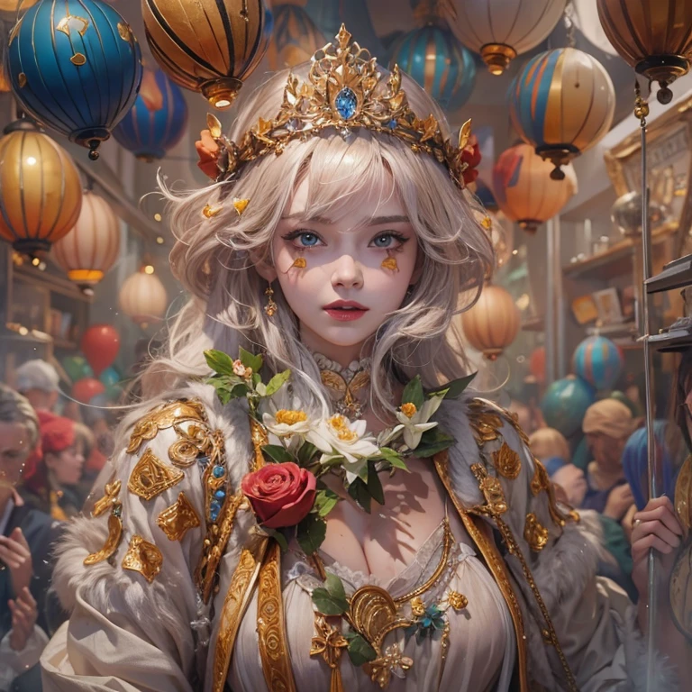 (masterpiece:1.3), (8k, Realistic, RAW Photos, Best image quality: 1.4), Fair-skinned fairy woman、short hair、Cleavage:2.0、Highly detailed face、Attention to detail、double eyelid、Sharp focus:1.2、Beautiful woman:1.4、highest quality、masterpiece、Ultra-high resolution、(Realistic:1.4)、Highly detailed and professionally lit smiles、Highly detailed line drawings reminiscent of Carne Griffith, (Donald Trump&#39;s Clown:1.7), (balloon:1.4), Infused with Vadim Kassim&#39;s bold colors and textures, Light and airy, like the works of Carl Larsson, dark background, dark, evil, fire, Ultra-realistic characters in the style of Pascal Blanche, pastel, grace, Dramatic lighting, Expressive camera angles, mat, Concept Art, amusement park, masterpiece
