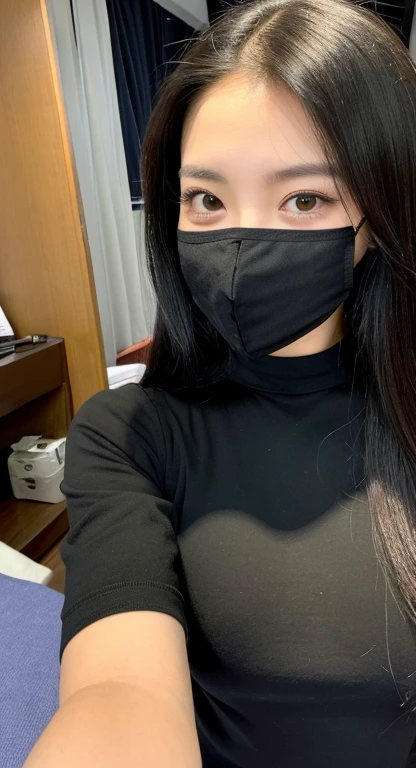 Your eyes are smiling、Black Mask、Young Mom、Very obscene、((Selfie style in my room)),((student))、((Very young))、((very cute))、((So adorable))、((Please wear a black non-woven mask.)),highest quality, masterpiece, Ultra-high resolution, (Realistic:1.4), RAW Photos, Very detailed, Perfect Anatomy, 1 girl, 30 years old, Famous Japanese idols, Front view, Crotch close-up,, ((Accentuate your breasts))