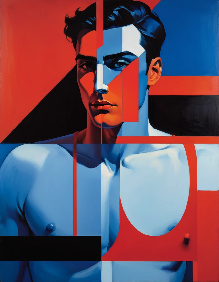 chiaroscuro technique on sensual illustration of a man portrait, sexy masculine, diego fazio, male model, by Ludovit Fulla, model with attractive body, inspired by Ludovit Fulla, mid-shot of a hunky, the model draped in flowing, thick oil painting by Harumi Hironaka, extremely soft colors, vibrant, highly detailed, malcolm liepke painting, oil on canvas, high contrast, dramatic, refined, tonal, Create high contrast between light and shadow fire around, there is a red circle on a blue and red square, inspired by Bauhaus, in a shapes background, brown red blue, circle forms, red blue, by Leon Polk Smith, memphis abstract minimal art, graphic shapes, minimal art, blue and red, minimal art style, bauhaus art, inspired by El Lissitzky, bold simple shapes