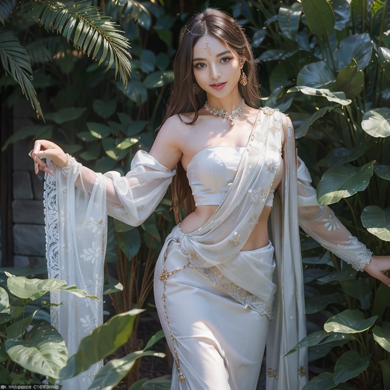 ((top-quality、masterpiece、photographrealistic:1.4、8K))、Beautuful Women、full body Esbian、、delicate and beautiful face、The Great Noble Lady of India、(Women in Southeast Asia)、(Indian style luxury saris and headdress)、Luxury accessories、Saree、Beautiful lighting、Textured skin、Super Detail、high detailing、High quality、hight resolution、(Stroll through beautiful Indian-style gardens。Indian castle on background)、florals、The tree々、Elegant smile、(looking at the viewers)