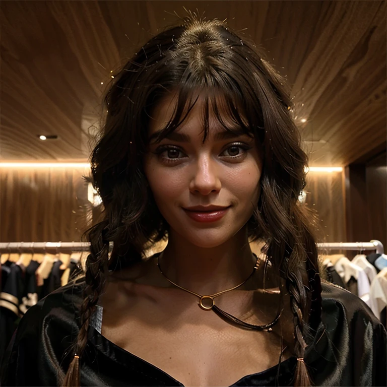 Mulher branca, cabelo preto longo, com dente de ouro, sorrindo