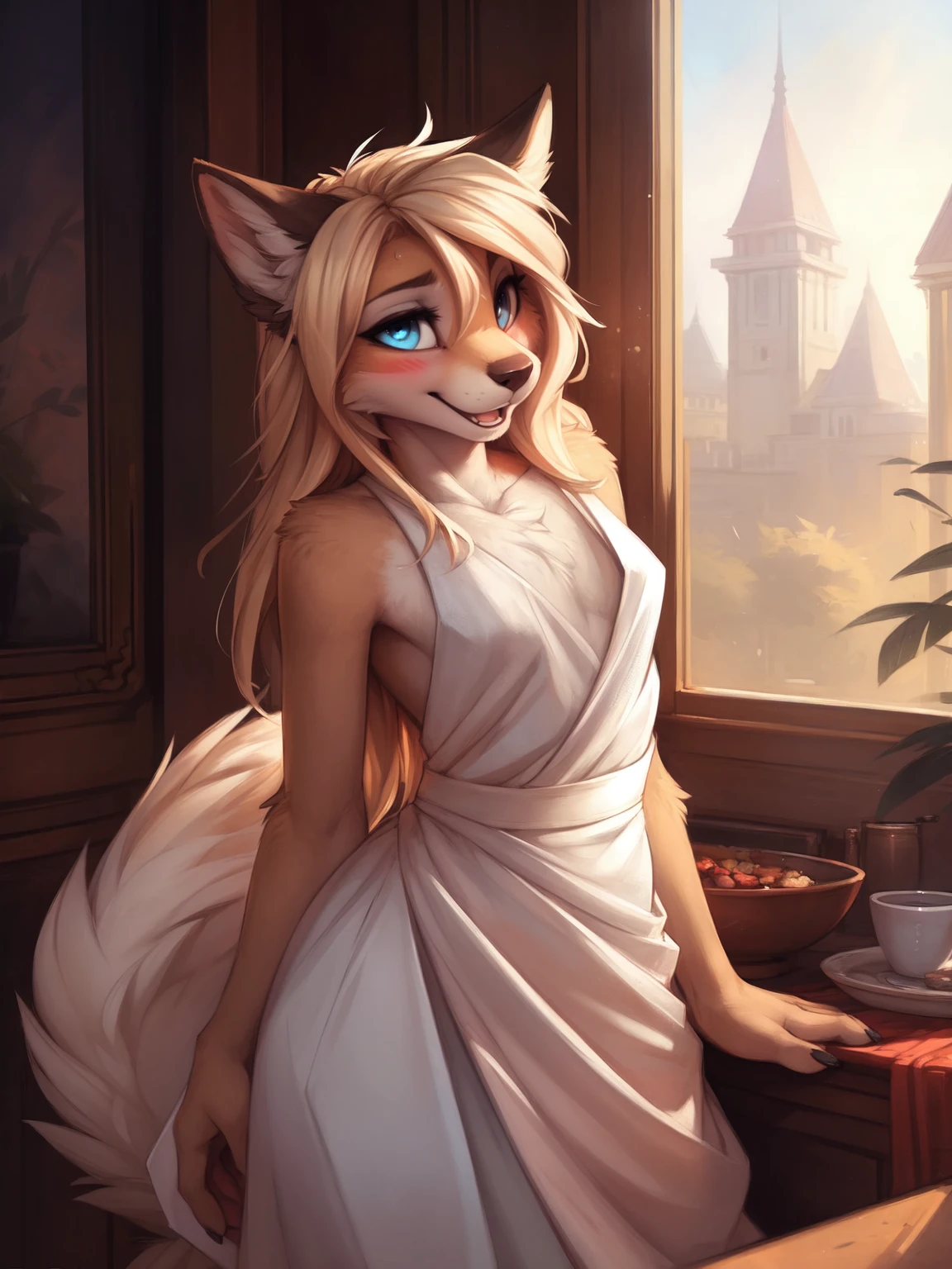 by kenket, Ross Tran, ruan jia, zaush, foxovh, by Zackary911, by hyattlen, by teranen, by fumiko, by Pixelsketcher, by Bayard Wu, by Thomas Benjamin Kennington, by Einshelm, by Kilinah, by Coffeesoda, by Hioshiru, by fluff-kevlar, bye r-mk, by Dimwitdog, Furry, Anthro, long hair, ((small)), ((male)), ((twink)), long blonde hair, ((white fur)), feminine hair, ((elegant haircut)), Full Body, ((teen)), cinematic lighting, ((fluffy tail)), ((blushing)), open mouth, (smiling), (confident) girly hips, girly hips, ((solo)), (view from front), looking at viewer, sweat, ((small bulge)), (small bulge under dress), offering sex, solo, opulent mansion, tight dress, ((white dress)), luxurious, mansion, (blue eyeshadow), blue eyes, elegant, noble, aristocrat hair, princess,