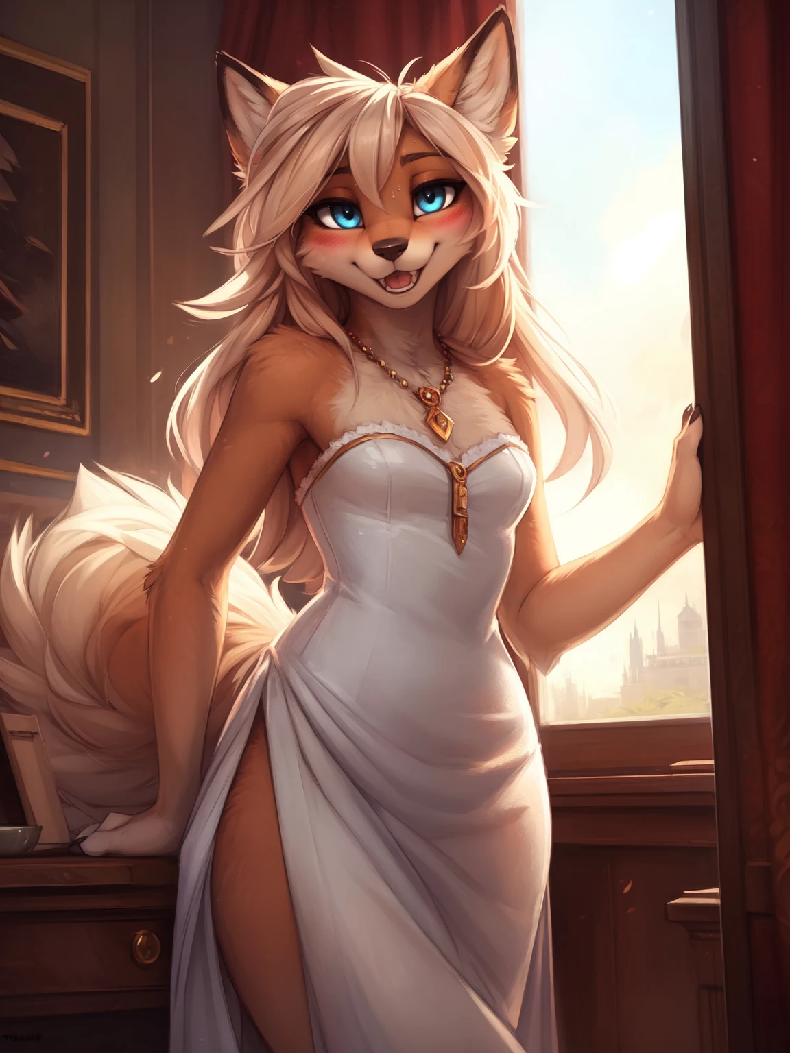 by kenket, Ross Tran, ruan jia, zaush, foxovh, by Zackary911, by hyattlen, by teranen, by fumiko, by Pixelsketcher, by Bayard Wu, by Thomas Benjamin Kennington, by Einshelm, by Kilinah, by Coffeesoda, by Hioshiru, by fluff-kevlar, bye r-mk, by Dimwitdog, Furry, Anthro, long hair, ((small)), ((male)), ((twink)), long blonde hair, ((white fur)), feminine hair, ((elegant haircut)), Full Body, ((teen)), cinematic lighting, ((fluffy tail)), ((blushing)), open mouth, (smiling), (confident) girly hips, girly hips, ((solo)), (view from front), looking at viewer, sweat, ((small bulge)), (small bulge under dress), offering sex, solo, opulent mansion, tight dress, ((white dress)), luxurious, mansion, (blue eyeshadow), blue eyes, elegant, noble, aristocrat hair, princess,
