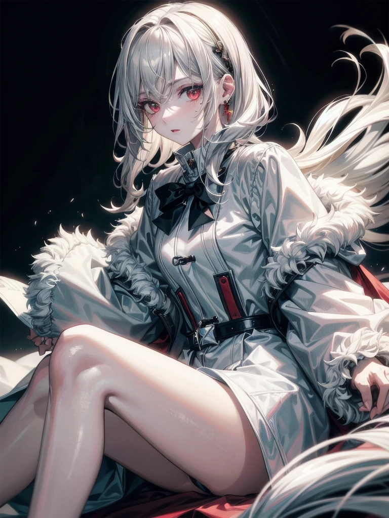 duffle coat, absurdres, RAW photo, extremely delicate and beautiful, masterpiece, Best Quality, ultra high resolution, 32k, hyperrealistic, ultra-detailed, detailed description, pale skin, 20 years old, tearful mole, earring, short medium hair, wavy hair, whole body shot, legs, Red eyes,