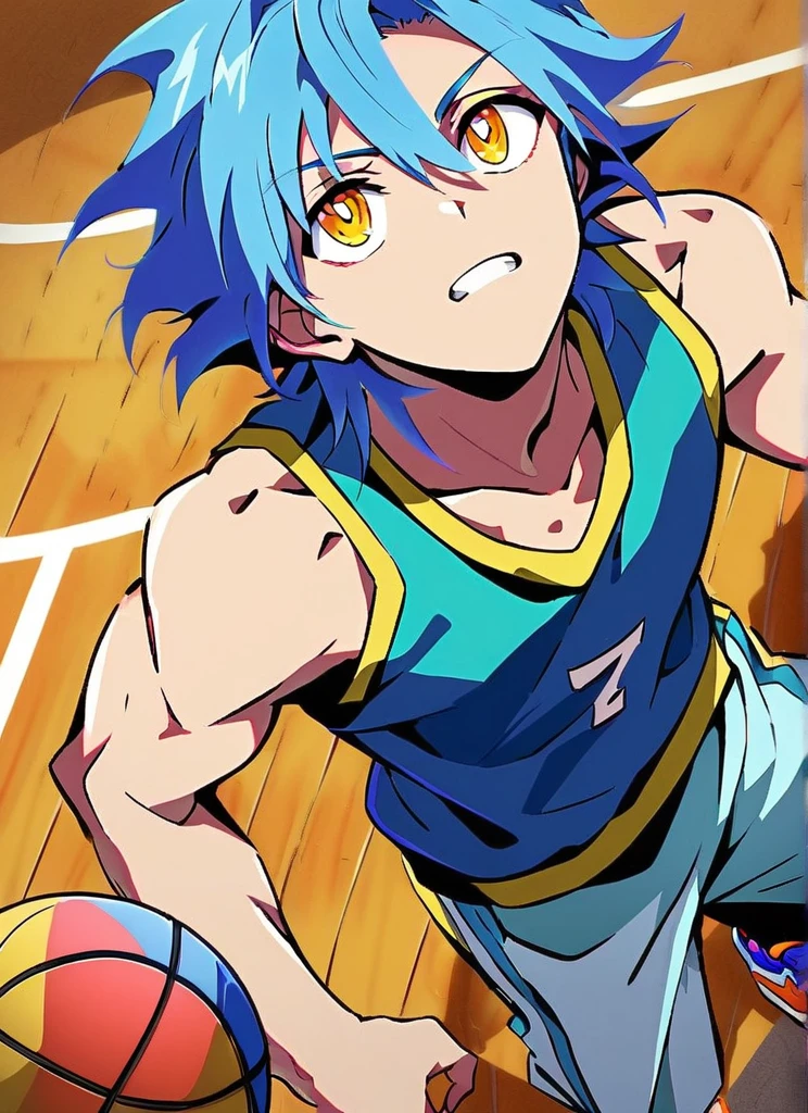 Second dimension style,Cool colors,high quality,Looking up,A blue hair,Golden-eyed high school student,Playing basketball on the school basketball court,He is slim and sexy,Show some muscle,I'm sweating a little,There is a hint of blush on his face,Looks sunny and handsome,He is wearing a red T-shirt,Blue and white sports shorts,White sneakers