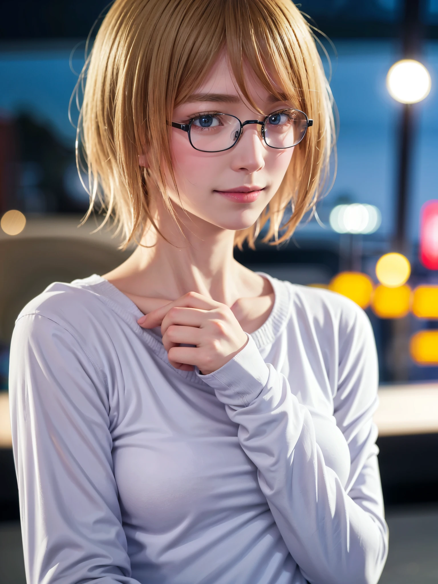 Japanese girl in casual clothes、Observe the audience、Tokyo cityscape at night、(highest quality、masterpiece)))、HD Fine、Very detailed、masterpiece、Cinema Lighting、(8k、highest quality、masterpiece:1.2)、(Realistic、Realistic:1.37) High resolution、Very detailed、Woman wearing glasses、A look of silence、Round Glasses、Asian, cute, cute顔, alone,Blonde Short Hair 1.2, Textured skin, Beautiful smile, Beautifully detailed night sky, Night view, Cinema Lighting,Brown eyes、 Written boundary depth, Lens flare light、date、(Blushing your nose)、、(Mouth closed)Small breasts、A beautiful eye for detail、(sweater:1.1)、(Blonde Short Hair:1.2)、Floating Hair Nova Frog Style、