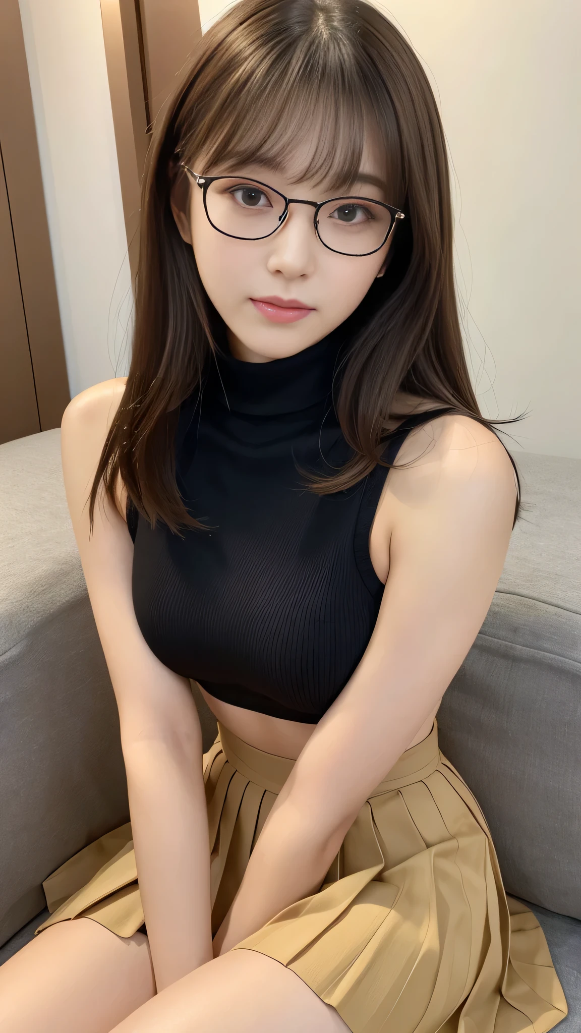 (Detailed skin:1.2),(Shiny skin:1.1),8k,highest quality, masterpiece, Ultra-high resolution,(Realistic:1.4), RAW Photos,(Soft Saturation:1.3),(Fair skin:1.2),One Japanese idol,repair,20 years, Brown Hair, Medium Hair, Asymmetrical Hair, Wavy Hair, Asymmetrical bangs
 (Pretty face:1.4), (Big Breasts, Tight waist), Beautiful lighting, Small Head,
(High Waist Mini Pleated Skirt:1.2, Short turtleneck knit:1.2, Korean Fashion:1.2), (belly button:1.2, Slim Abs), Highly detailed face, Highly detailed lips, fine grain, double eyelid, smile, Full Body Shot, Browsing Caution, Sharp focus: 1.2, Beautiful woman with perfect figure: 1.2、Random Pause，Sitting hugging your knees、Wearing glasses