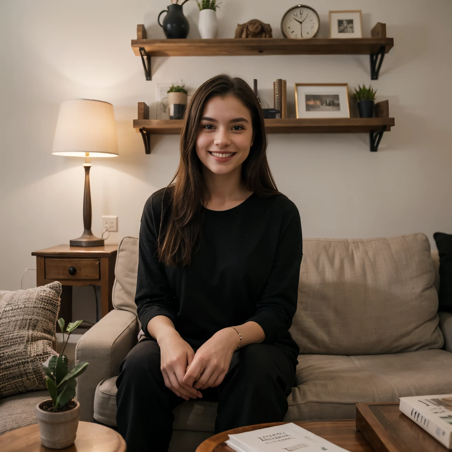 "A 22-year-old, cute woman with a disability, sitting in a wheelchair at home. She has a bright, cheerful smile, with expressive eyes and long, flowing hair. She is wearing a black shirt and black pants, which complement her youthful and vibrant personality. The home setting is cozy and well-decorated, with a sofa, a coffee table, and shelves with books and personal items in the background, creating a warm and inviting atmosphere."