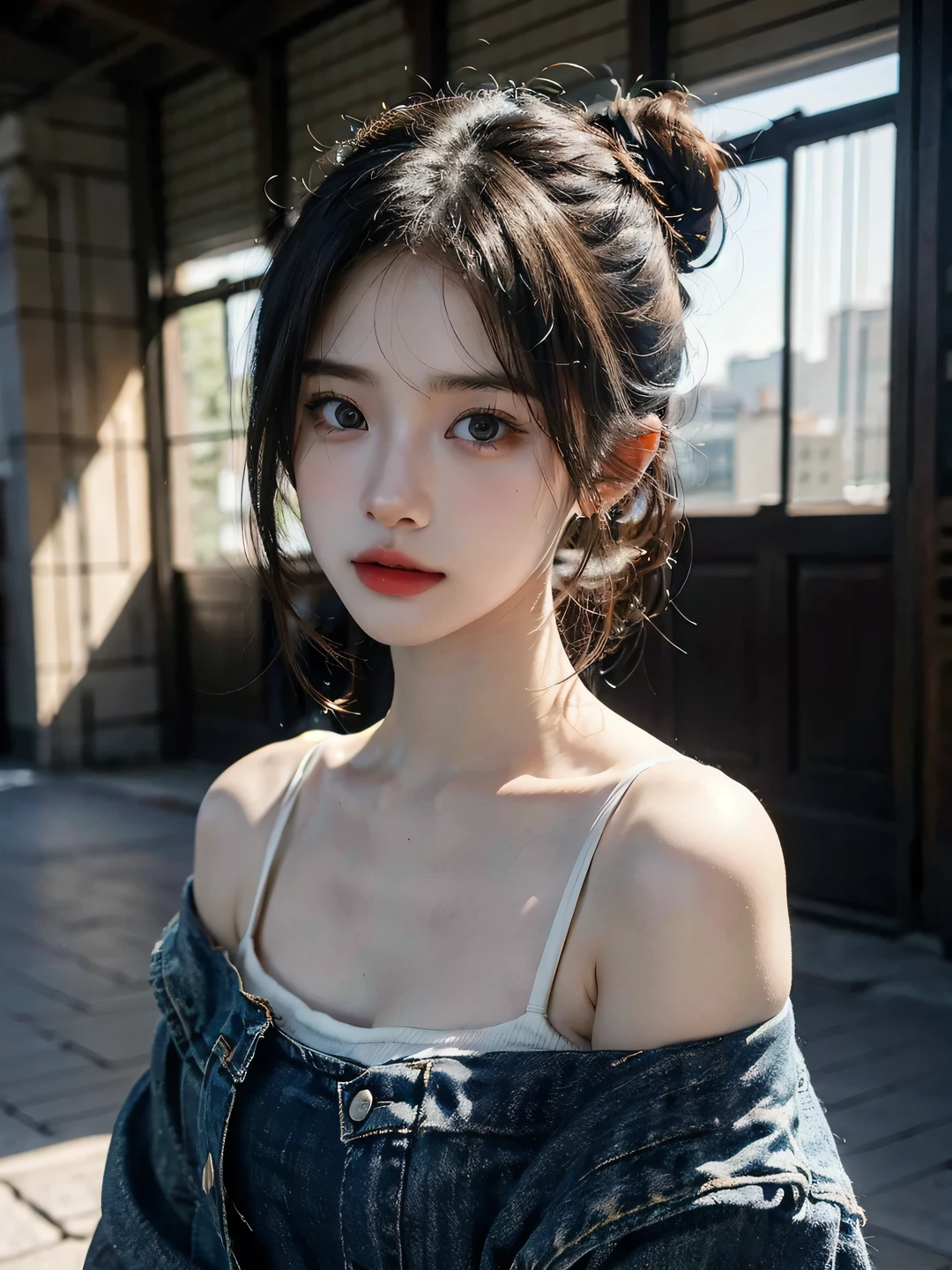 1girl, (looking at viewer:1.2), detail face, (a girl standing, rending on cgsociety, black shadows, streaming, new york backdrop), romanticism, atmospheric, (RAW photo, best quality), (realistic, photo-realistic:1.3), masterpiece, an extremely delicate and beautiful, extremely detailed,Hair in a bun,Wear delicate earrings, D cup,Cleavage,Light blue denim jacket,Translucent white tube top1.5,