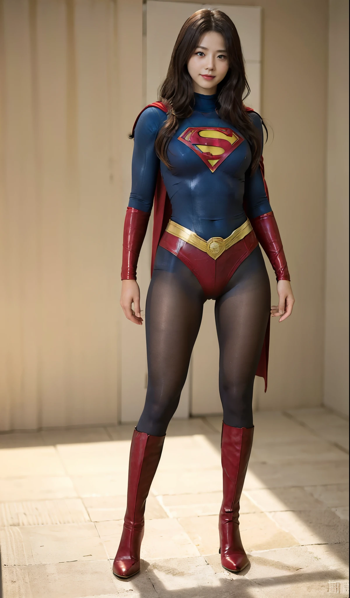 No background、(((Beautiful legs in black tights.)))、(((Legally express the beauty of your smile)))、((((Make the most of your original images)))、(((Body-fitting Supergirl costume)))、(((Supergirl Costume)))、(((Beautiful Hair)))、(((suffering)))、(((Please wear black tights....、Wear red boots)))、((Best image quality、8k))、((highest quality、8k、masterpiece:1.3))、(((Preserve background )))、Sharp focus:1.2、Beautiful woman with perfect figure:1.4、Slim Abs:1.2、Wet body:1.5、Highly detailed face and skin texture、8k