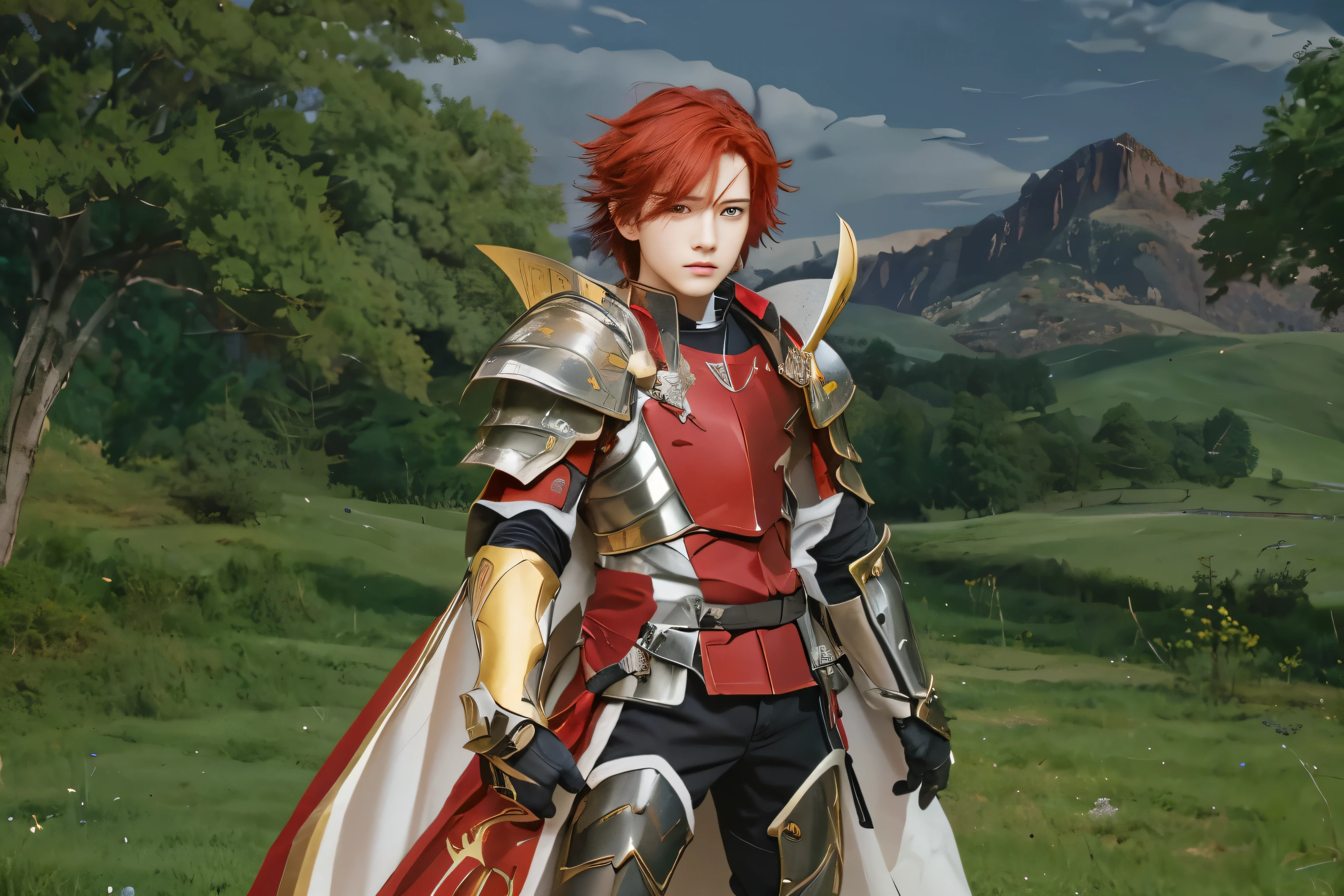 Male, Young Boy, Anime figure with red hair and armor stands on a field, full portrait of paladin knight