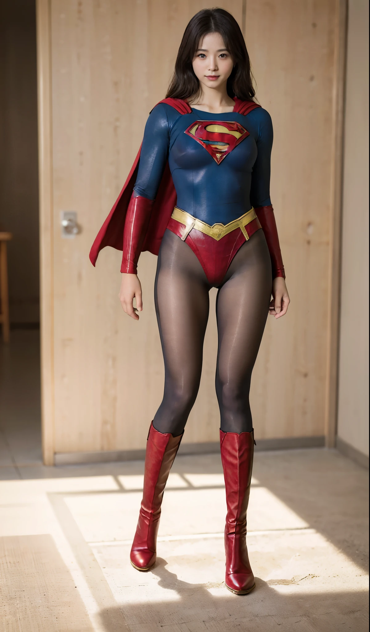 No background、(((Beautiful legs in black tights.)))、(((Legally express the beauty of your smile)))、((((Make the most of your original images)))、(((Body-fitting Supergirl costume)))、(((Supergirl Costume)))、(((Beautiful Hair)))、(((suffering)))、(((Please wear black tights....、Wear red boots)))、((Best image quality、8k))、((highest quality、8k、masterpiece:1.3))、(((Preserve background )))、Sharp focus:1.2、Beautiful woman with perfect figure:1.4、Slim Abs:1.2、Wet body:1.5、Highly detailed face and skin texture、8k