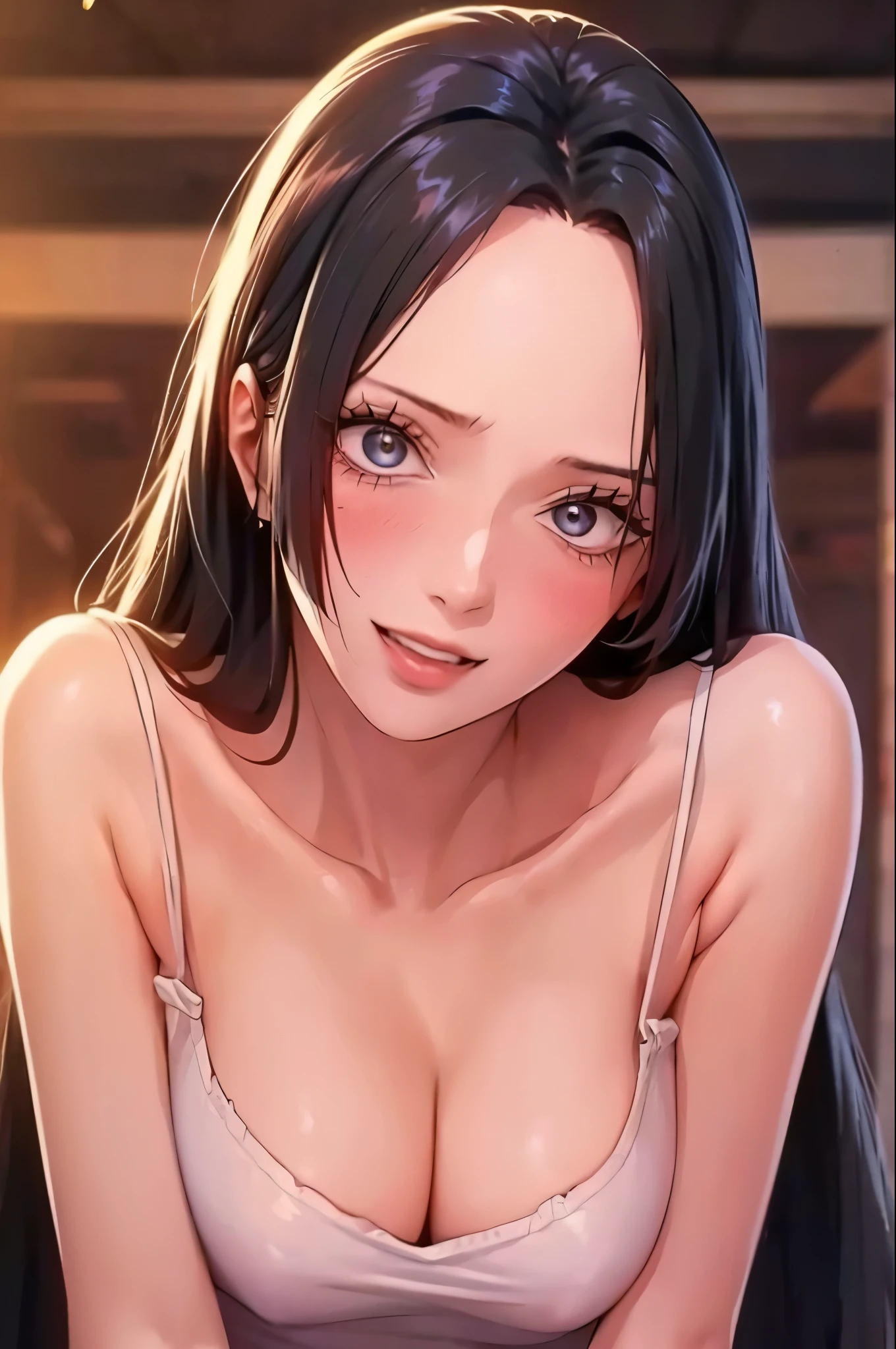best quality, masterpiece, highly detailed,1girl, Boa Hancock, , (masterpiece:1.5), Detailed Photo, Smiling, Sexy, (8K, Best Quality: 1.4), (1girl), Beautiful Face, (anime realistic Face), (Black Hair, long Hair: 1.3), Beautiful Hairstyle, Realistic eyes, beautiful detail eyes, (white skin), beautiful skin, absurd, attractive, ultra high resolution, ultra realistic, high definition, golden ratio, (sexually aroused:1.5), Pinkish white skin, cool white light, sexy pose, Beautiful , white background, pink soft white light, Wear a black bodycon dress