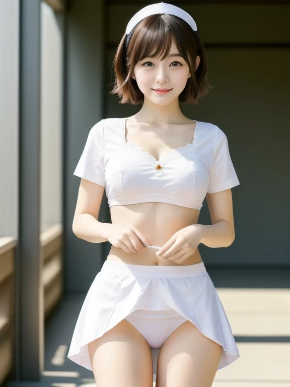 (((Small))),masterpiece, highest quality, High resolution, wallpaper, Realistic, Bright lighting, Professional Lighting, Face Light, Smooth lighting, Japanese Girls, ((Whole body 1.4)),Are standing, cute, smile, beautiful girl, gravure, , so beautiful, Beautiful Skin, Beautiful and detailed、Detailed face、slim、Moderate, short hair, Blonde Hair, Brown Eyes, View your viewers,Nurse Costume,mini skirt,squat,White Bra,  Shot,White panties,Sunny Flower Park,Small,