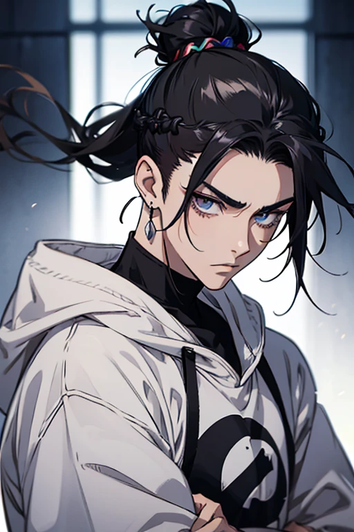 anime gradient man young black hair with low bun on shaved sides flips hair to the left side in the middle serious face with black earrings sweatshirt