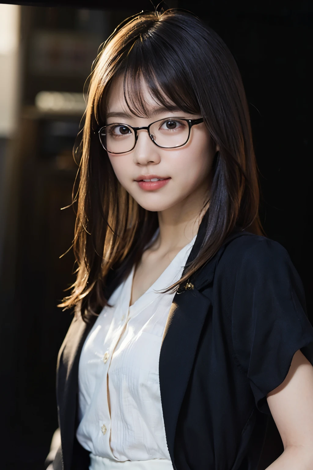 (8k、RAW Photos、highest quality、masterpiece:1.2)、(Realistic、Realistic:1.37)、Very detailed、超A high resolution、1 girl、View your audience、Beautifully detailed face、Smiling with teeth showing、narrow、(Tight waist) :1.3)、suit、beautifully detailed skin、Skin Texture、Floating Hair、Tying up hair、Professional Lighting、Relaxing bar、(((Black square glasses )))、Human whole body、Black Hair、((Embarrassing appearance))、