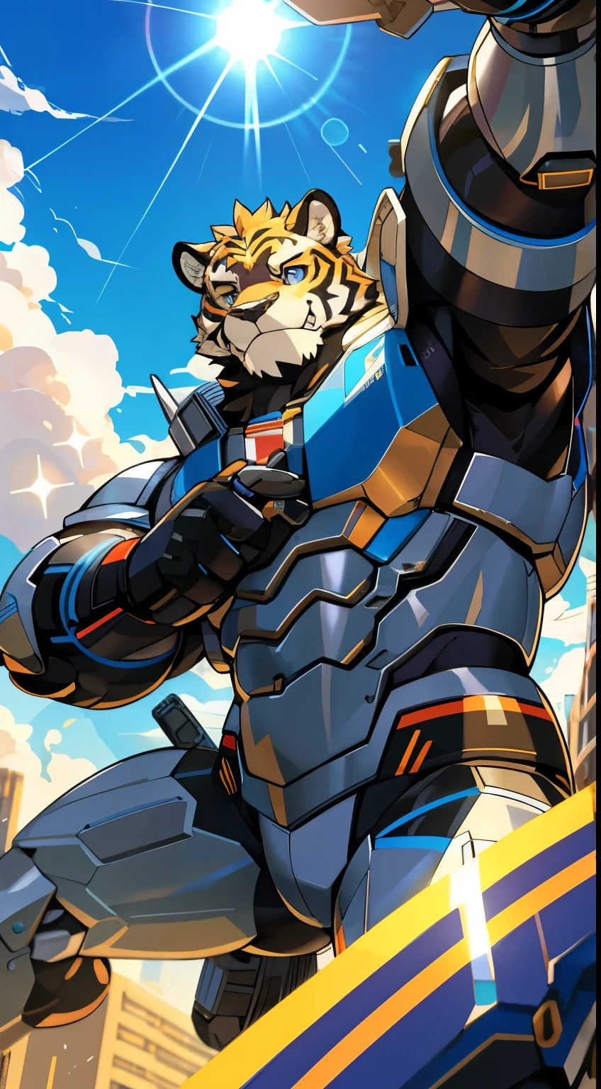 High resolution, Top quality, best quality, Paid rewards available, High-quality illustrations, An unrivalled masterpiece(War films)(Furry personification:1.7)Giant, Cyberpunk Anime Art, Boy in mecha cyber armor, tiger，stripe，Handsome，Muscle fullness，Sexy，hero，absurd(Very detailed beautiful face and eyes)Perfect anatomical structure, Express, Caustic lines, Dynamic Lighting, lens flare, Deep Shadows, Various postures, Dynamic Angle,