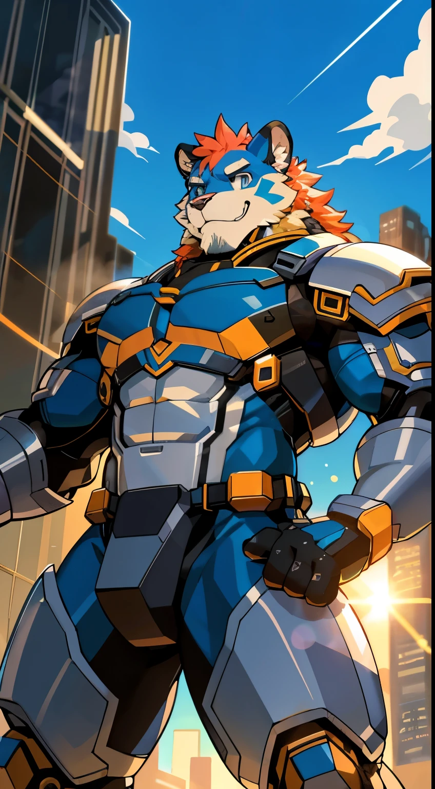 High resolution, Top quality, best quality, Paid rewards available, High-quality illustrations, An unrivalled masterpiece(War films)(Furry personification:1.7)Giant, Cyberpunk Anime Art, Boy in mecha cyber armor, tiger，stripe，Handsome，Muscle fullness，Sexy，hero，absurd(Very detailed beautiful face and eyes)Perfect anatomical structure, Express, Caustic lines, Dynamic Lighting, lens flare, Deep Shadows, Various postures, Dynamic Angle,