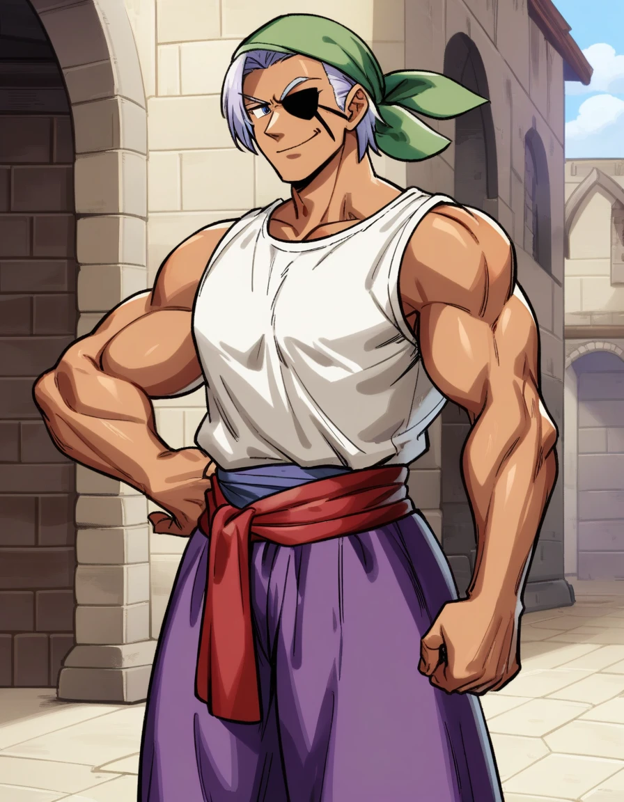 1man, muscular mature, pirate, green headscarf, gray hair, headscarf with asymmetrical bangs, blue 1eye, black eyepatch, short hair, tanned skin, tough, ordinary, forehead, asymmetrical medium bangs, ugly, BREAK solo, red waist cloth, purple arabian pants, white sleeveless shirt, loose fitting shirt, tented shirt, medieval, soft smile, in jrpg style, 1990s, VHS quality, masterpiece, best quality, BREAK score_9, score_8_up, score_7_up, source_anime