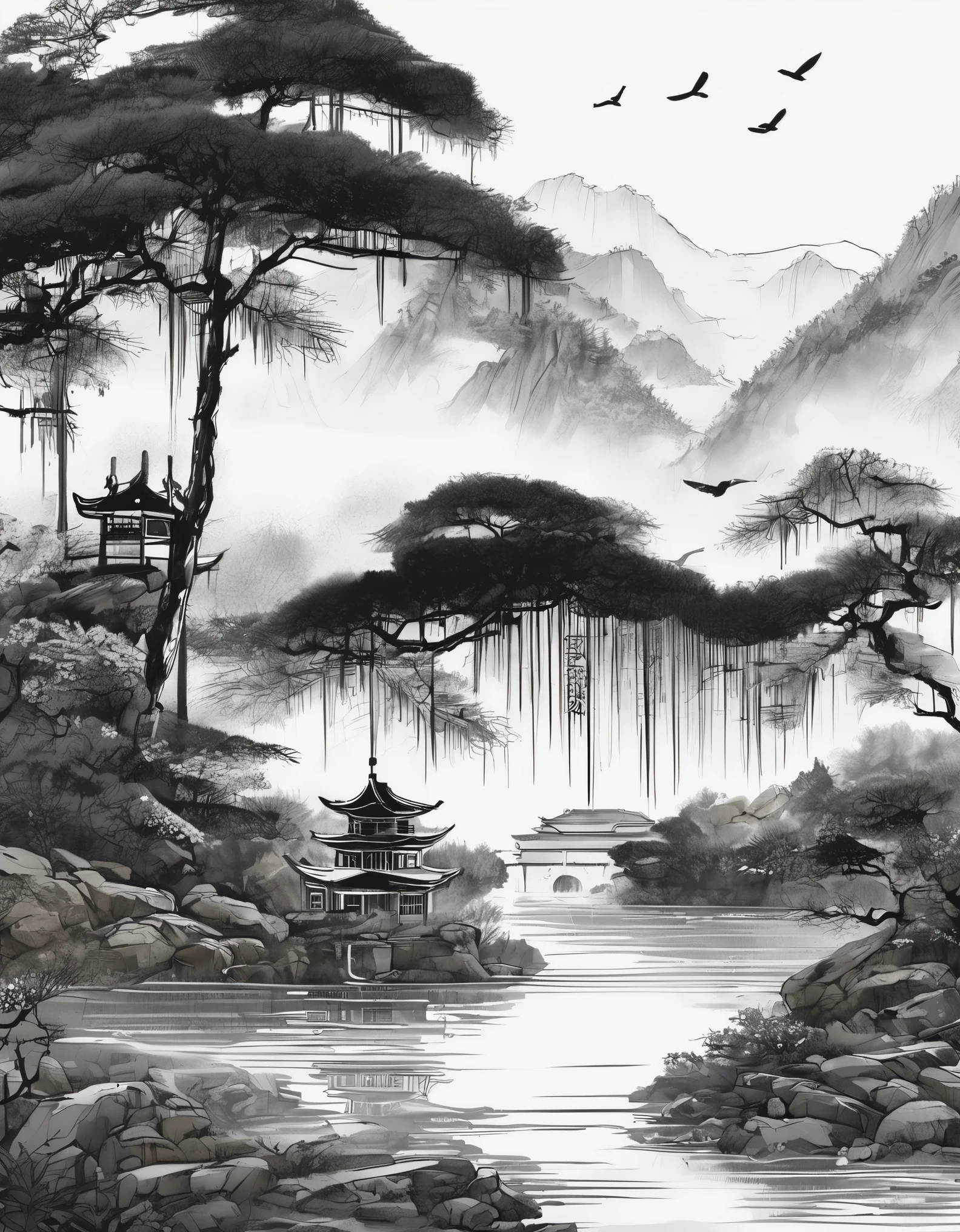 (Landscape painting in Chinese boundary painting art style）, meticulous，Chinese Ink Painting，bamboo，
，Line Art, Black and White, 简单的Black and White画，Chinese ancient style，beautiful Line Art, Black and White漫畫風格, Comic art style,  Black and white coloring its beautiful ink Line Art，