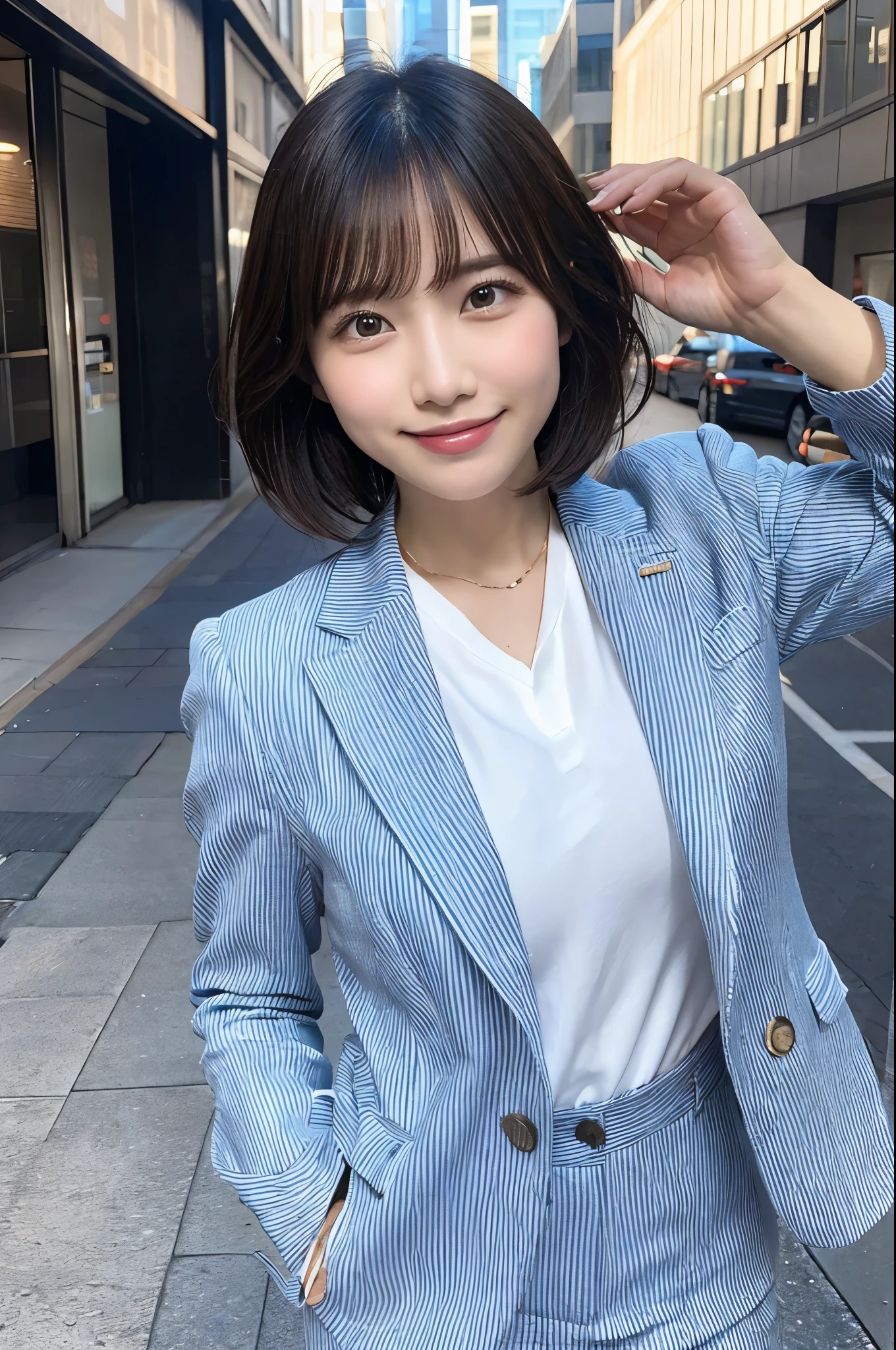 masterpiece, The best quality at its best, 1peopleの男の子, アジアpeople男性, 東アジアpeople, people, Muscles are balanced, Obscene pose, Short Hair Details,With a smile, White teeth, Blue striped suit, Street Background, Realistic Style,photograph,Viewed from the front, Displaying the viewer,