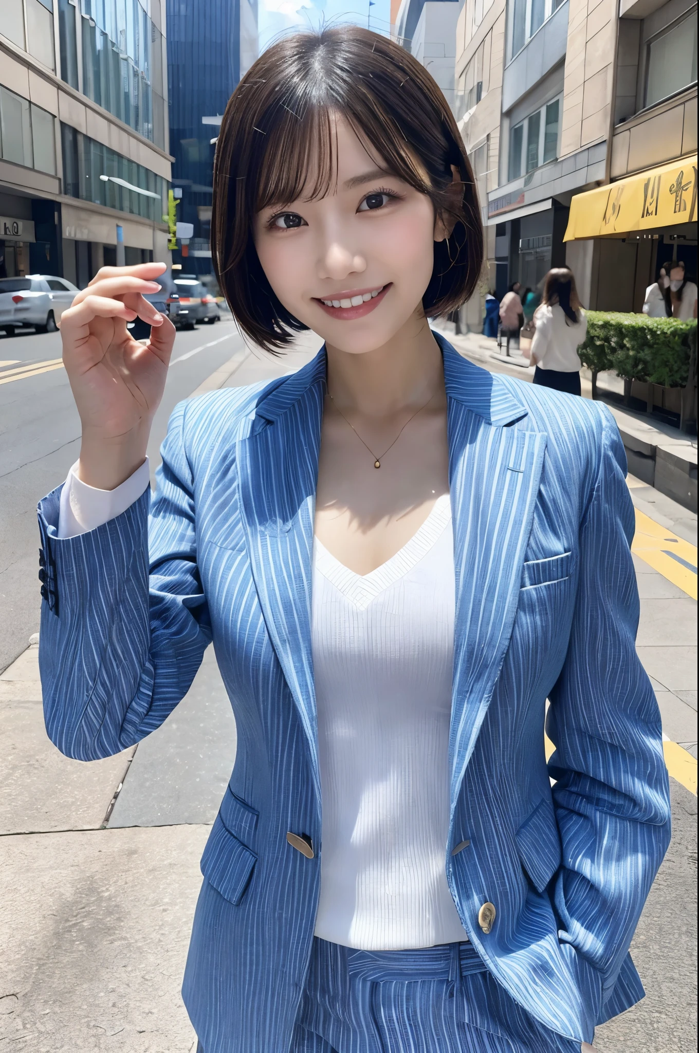 masterpiece, The best quality at its best, 1peopleの男の子, アジアpeople男性, 東アジアpeople, people, Muscles are balanced, Obscene pose, Short Hair Details,With a smile, White teeth, Blue striped suit, Street Background, Realistic Style,photograph,Viewed from the front, Displaying the viewer,