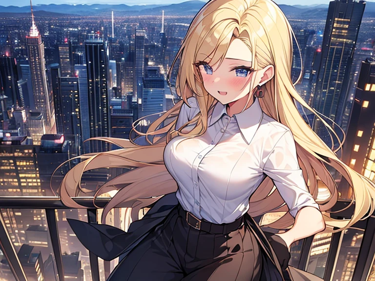 Masterpiece, Top quality, (1 beautiful girl:1.2), Blonde, slicked back hair, straight hair, 25 year old, standard weight, medium breasts, toreador pants, happy:1.2, blush, beautiful scene of city, blurry background, magnificent panorama view, dynamic pose, from above