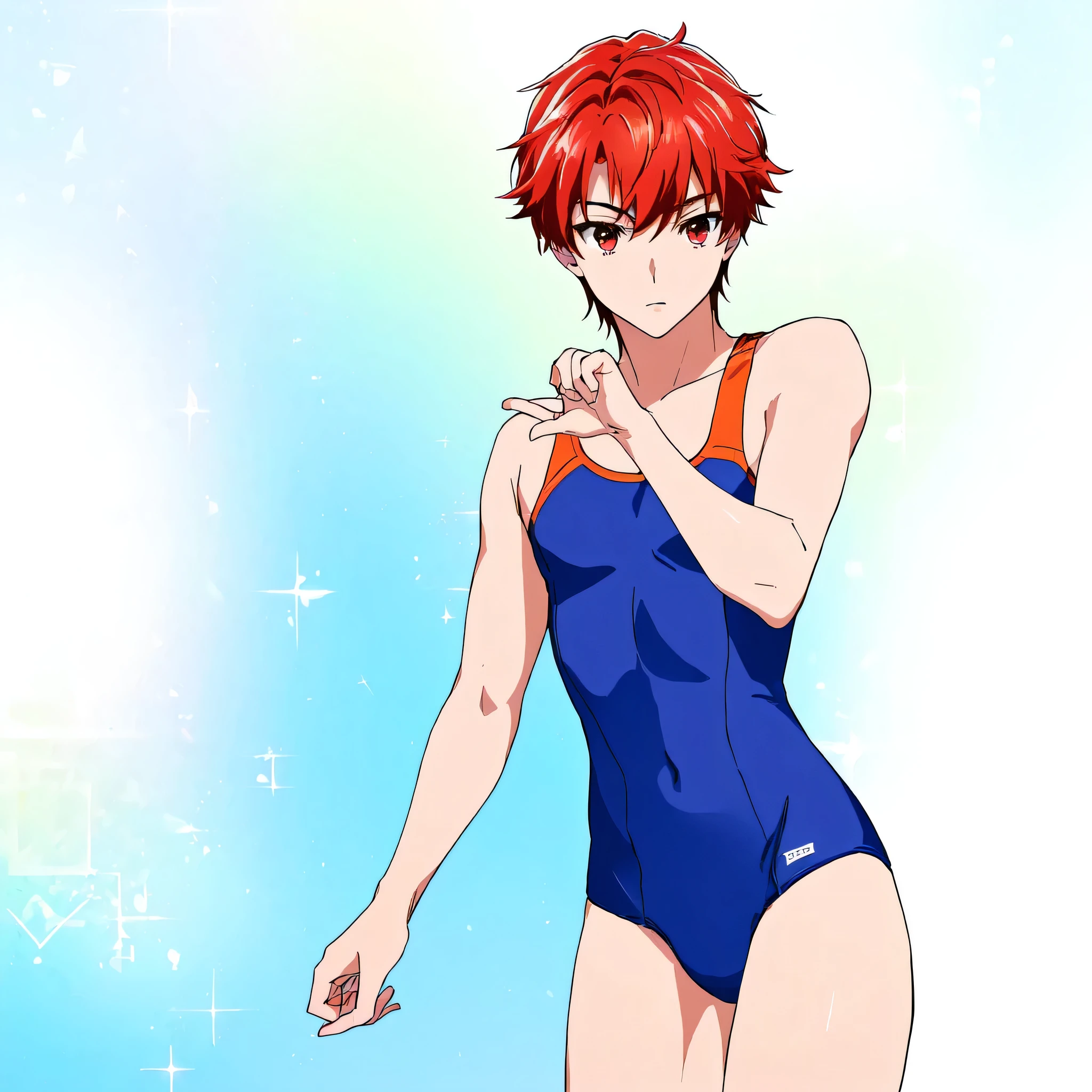 highest quality、High resolution、Very detailed、1boy、Anime Boys、solo、Short Hair、Red hair、Red Eyes、anime boy in a navy blue swimsuit、is wearing a swimsuit、boy wearing a female swimsuit、Boy in blue tanksuit、A boy is standing、Wearing a swimsuit、School Swimsuit、looking at viewer、Cowboy Shot、New School Swimsuit、Cool boy in swimsuit、High leg、perfect body、boy wearing a female school swimsuit、Toned body、perfect hands、perfect fingers、