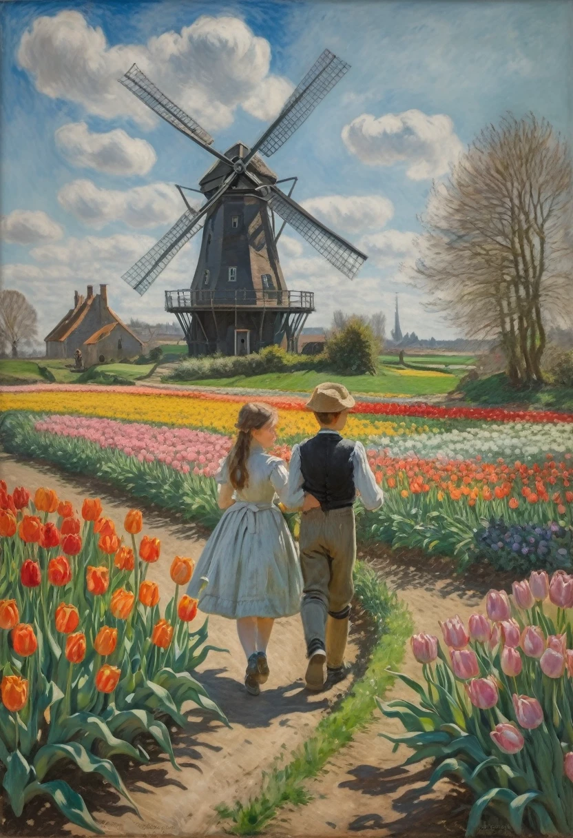 Claude Monet Style, 1boy and 1girl in a field of tulips , in the distance a windmill , Inspired by Claude Monet, Pierre-Auguste Renoir, Édouard Manet, Camille Pissarro, Alfred Sisley, Berthe Morisot, Gustave Caillebotte, Mary Cassatt, Armand Guillaumin, Edgar Degas. impressionism oil on canvas hyperdetailed 8K 3D 8k resolution