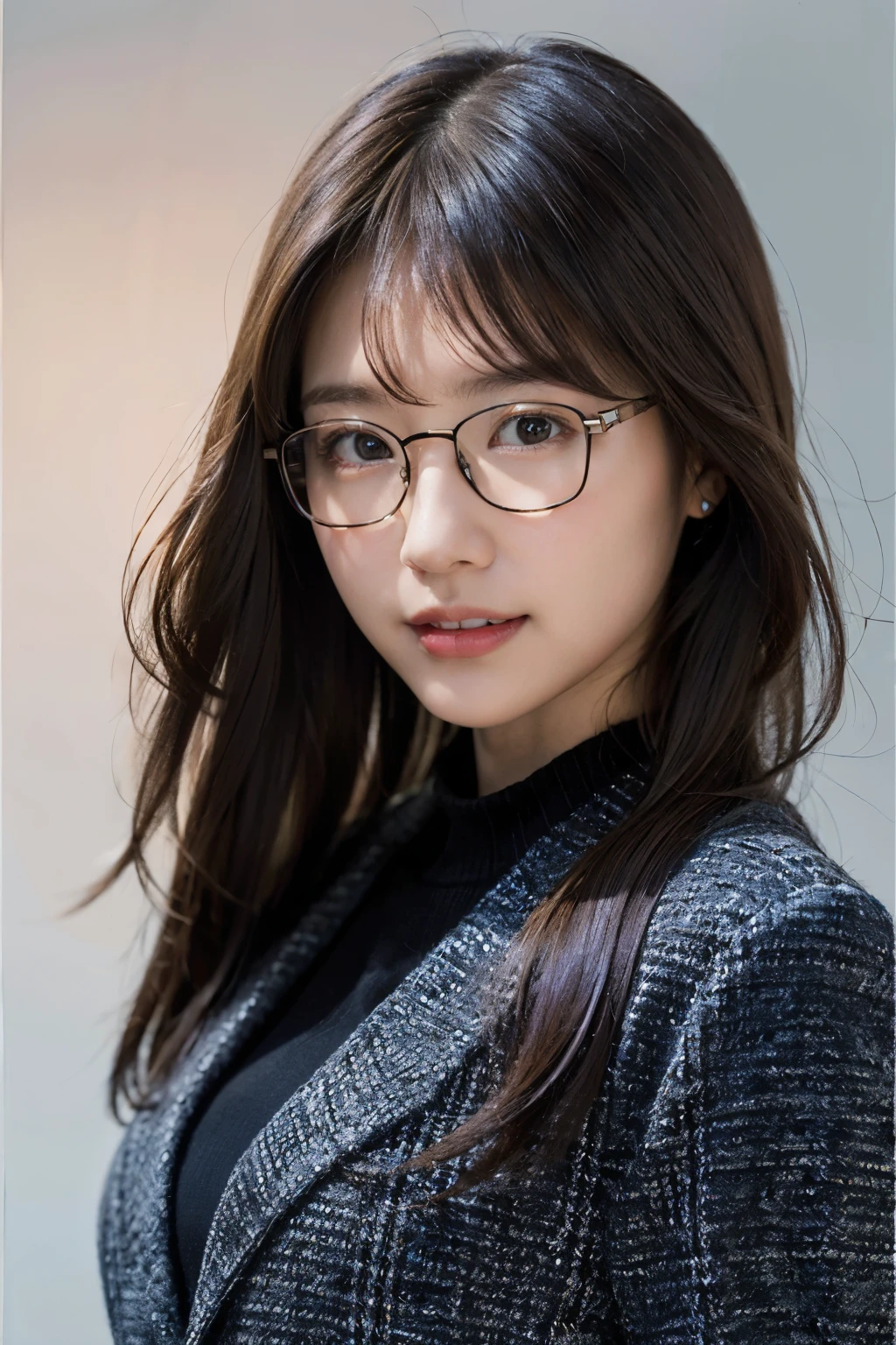 (8k、RAW Photos、highest quality、masterpiece:1.2)、(Realistic、Realistic:1.37)、Very detailed、超A high resolution、1 girl、View your audience、Beautifully detailed face、Smiling with teeth showing、narrow、(Tight waist) :1.uit、beautifully detailed skin、Skin Texture、Floating Hair、Tying up hair、Professional Lighting、Relaxing bar、(((Black square glasses )))、Human whole body、Black Hair、((Embarrassing appearance))、