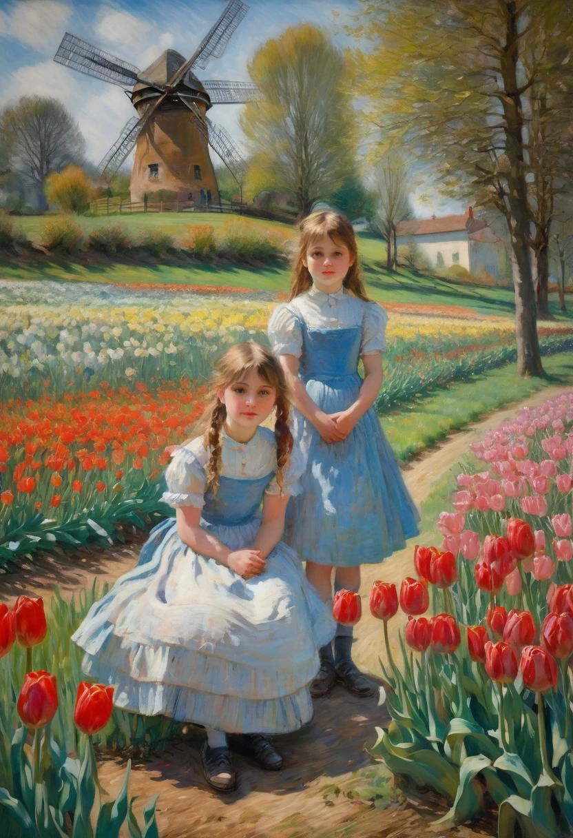 Claude Monet Style, 1boy and 1girl in a field of tulips , in the distance a windmill , Inspired by Claude Monet, Pierre-Auguste Renoir, Édouard Manet, Camille Pissarro, Alfred Sisley, Berthe Morisot, Gustave Caillebotte, Mary Cassatt, Armand Guillaumin, Edgar Degas. impressionism oil on canvas hyperdetailed 8K 3D 8k resolution