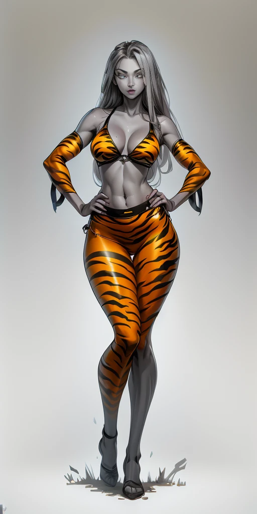 full body looking to viewer standing straight symmetrical against contrapposto yellow tiger print BIKINI stockings sleeves, hands on waist hips, navel, (Vladilena Milize) (grey eyes:1.5) grey long hair, scar between eyelashes