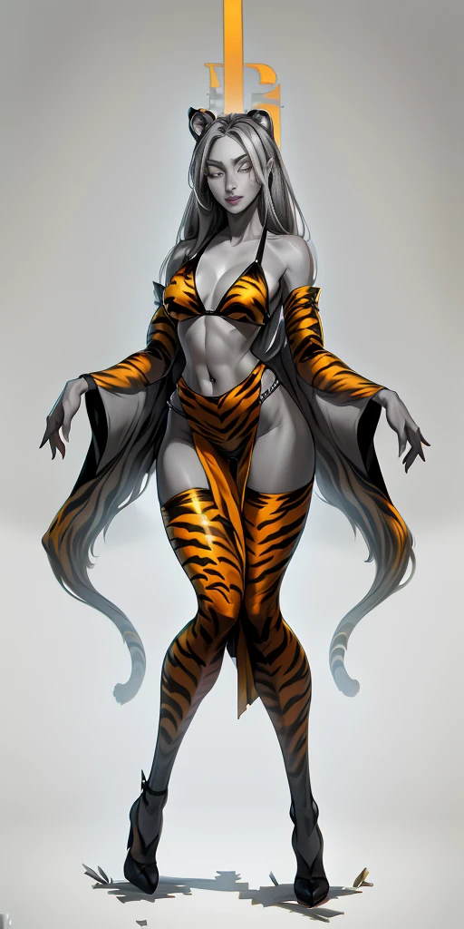 full body looking to viewer standing straight symmetrical against contrapposto yellow tiger print BIKINI stockings sleeves, hands on waist hips, navel, (Vladilena Milize) (grey eyes:1.5) grey long hair, scar between eyelashes